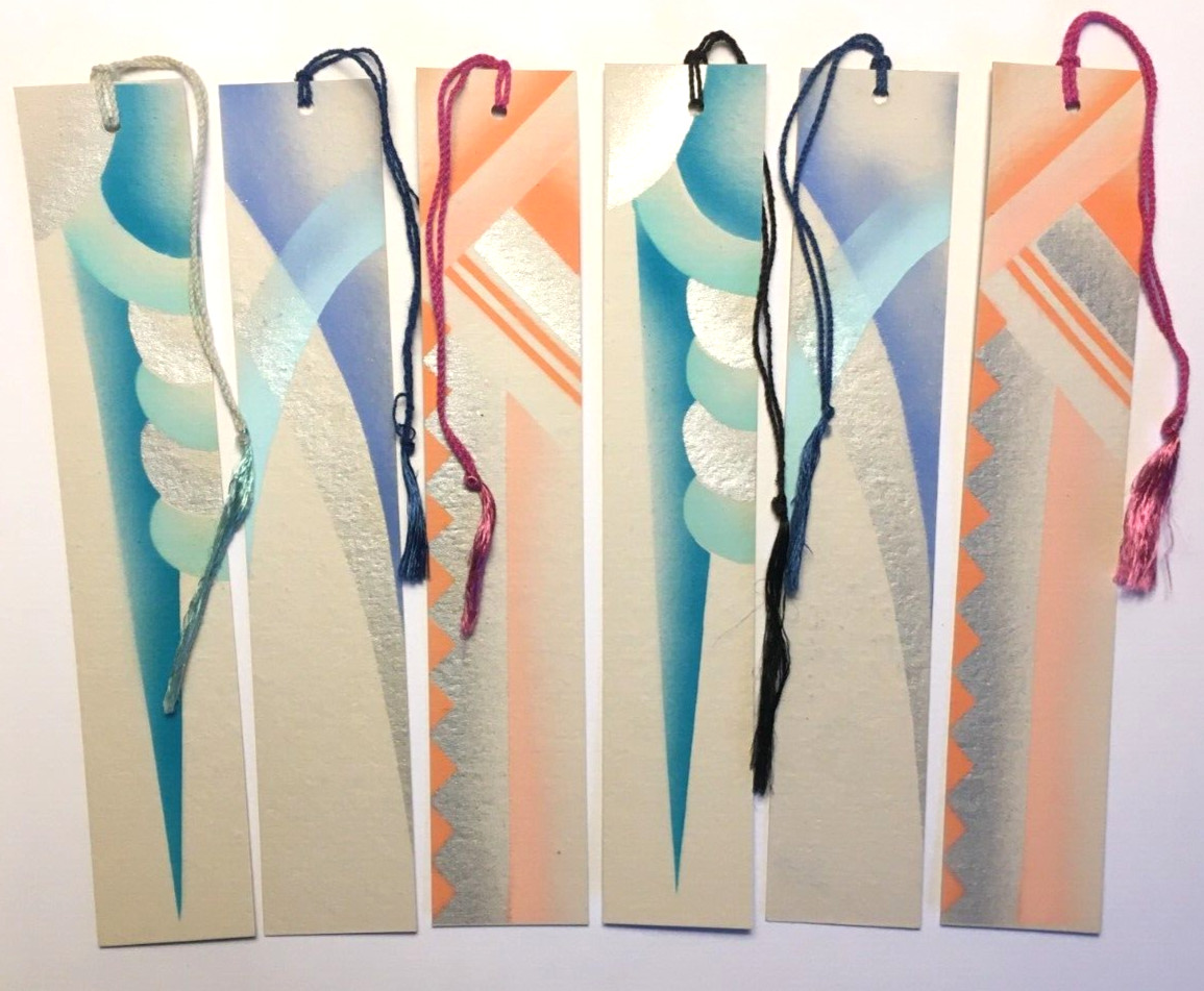 6 Unused Vintage Art Deco Bridge Tallies Vivid Orange Blue Green Silver Buzza