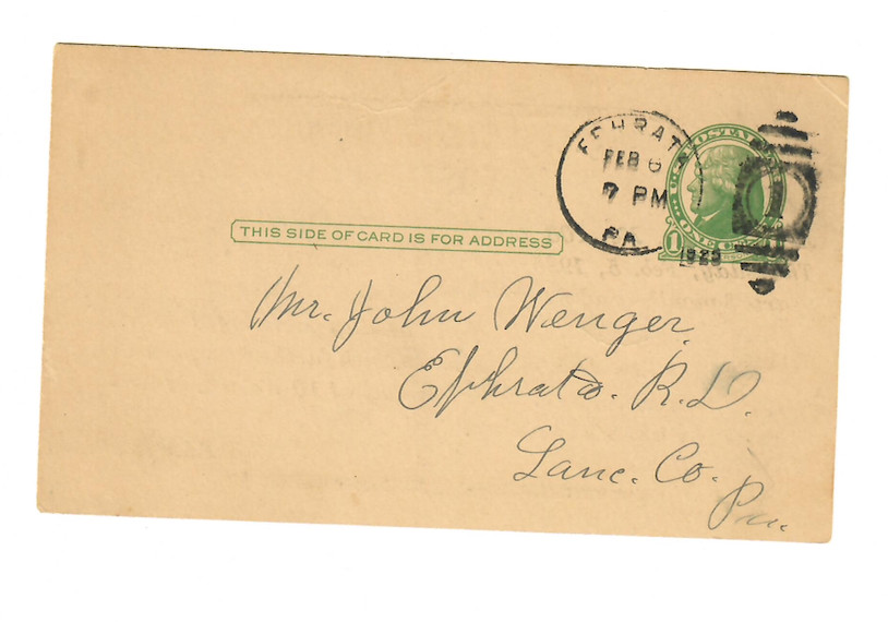 1925 Funeral Notice Postal Card Ephrata PA — Death Announcement C075