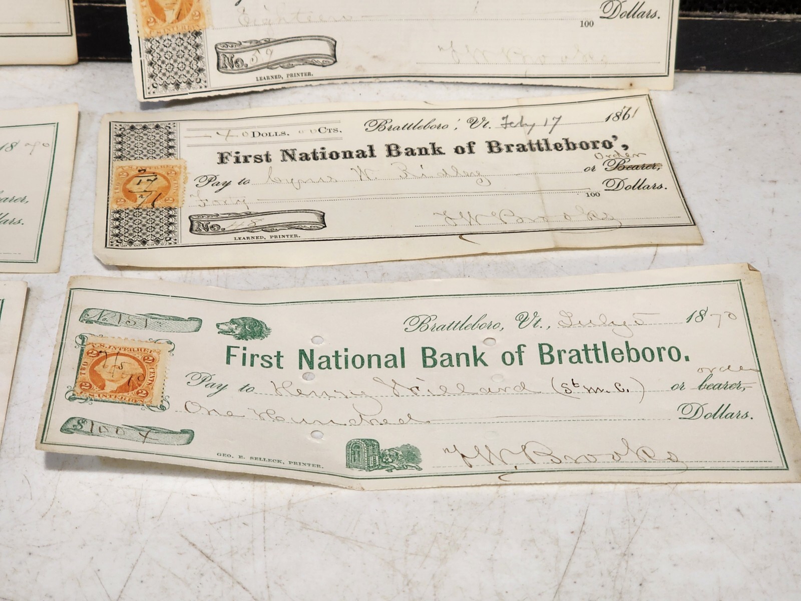 LOT OF 7- Antique Civil War Era Bank Checks w/Stamps BATTLEBORO VERMONT