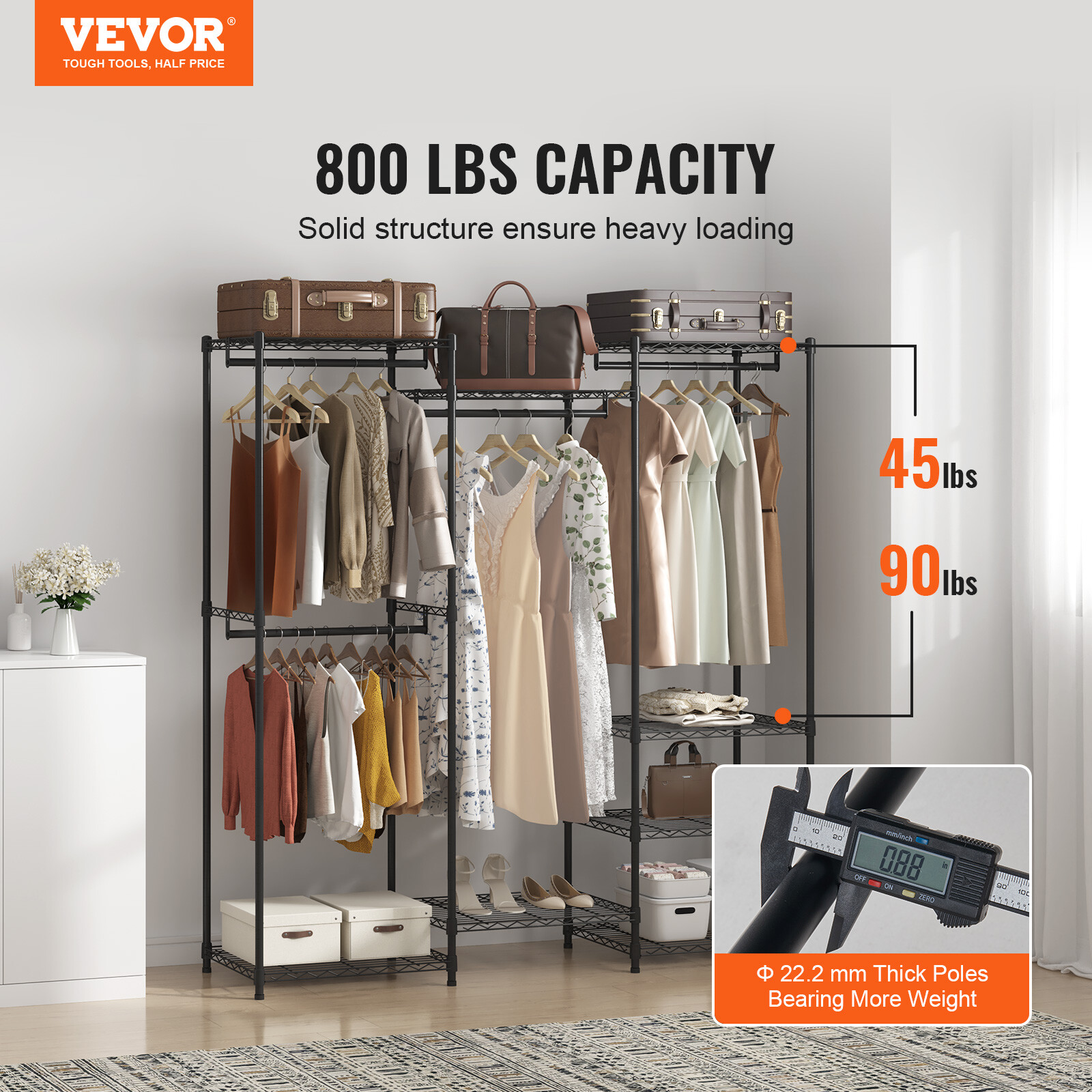 VEVOR Clothes Rack Rolling Clothing Garment Rack 4 Hang Rods & 8 Storage Tiers