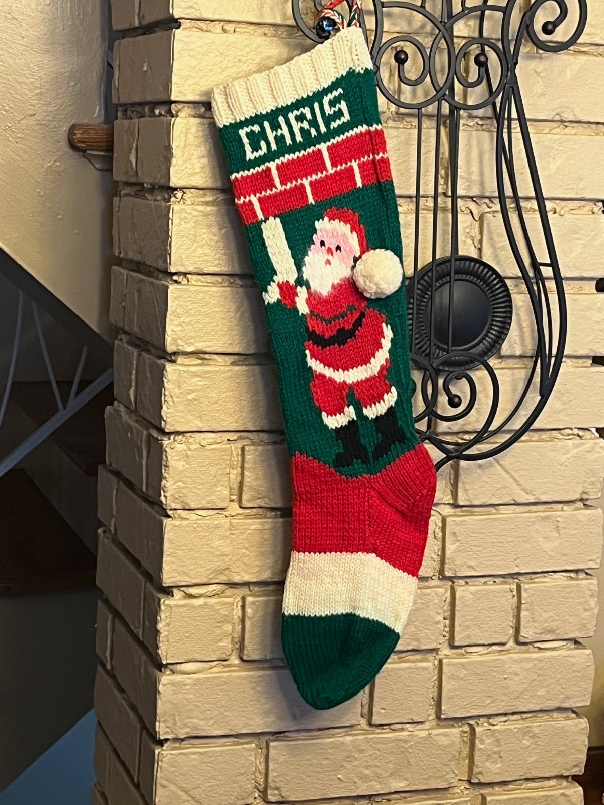 Hand KNIT - Christmas STOCKING Santa, Chimney with bells and pom pom