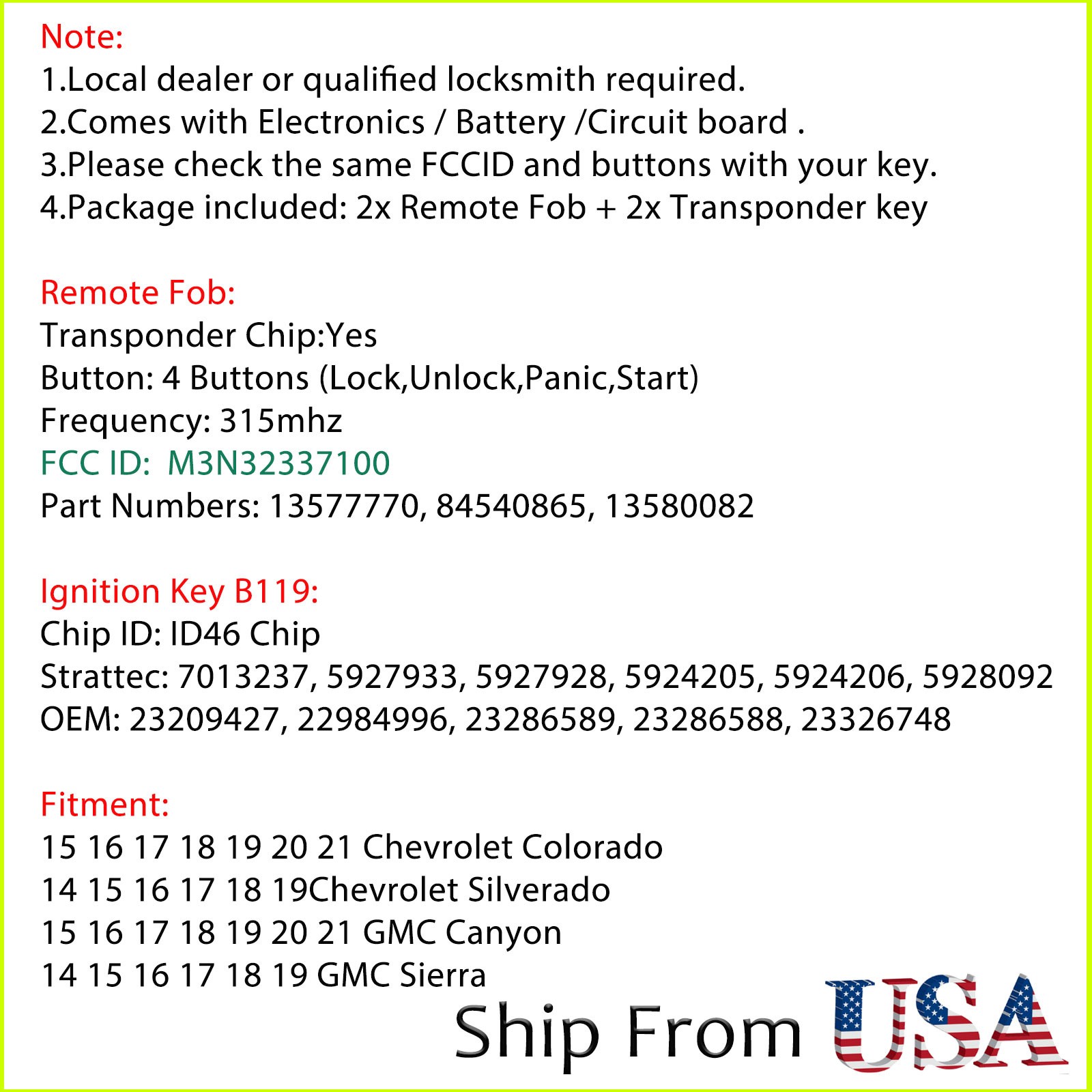 2 For 2015 2016 2017 2018 2019 Chevy Silverado 1500 2500 3500 Remote Fob + key