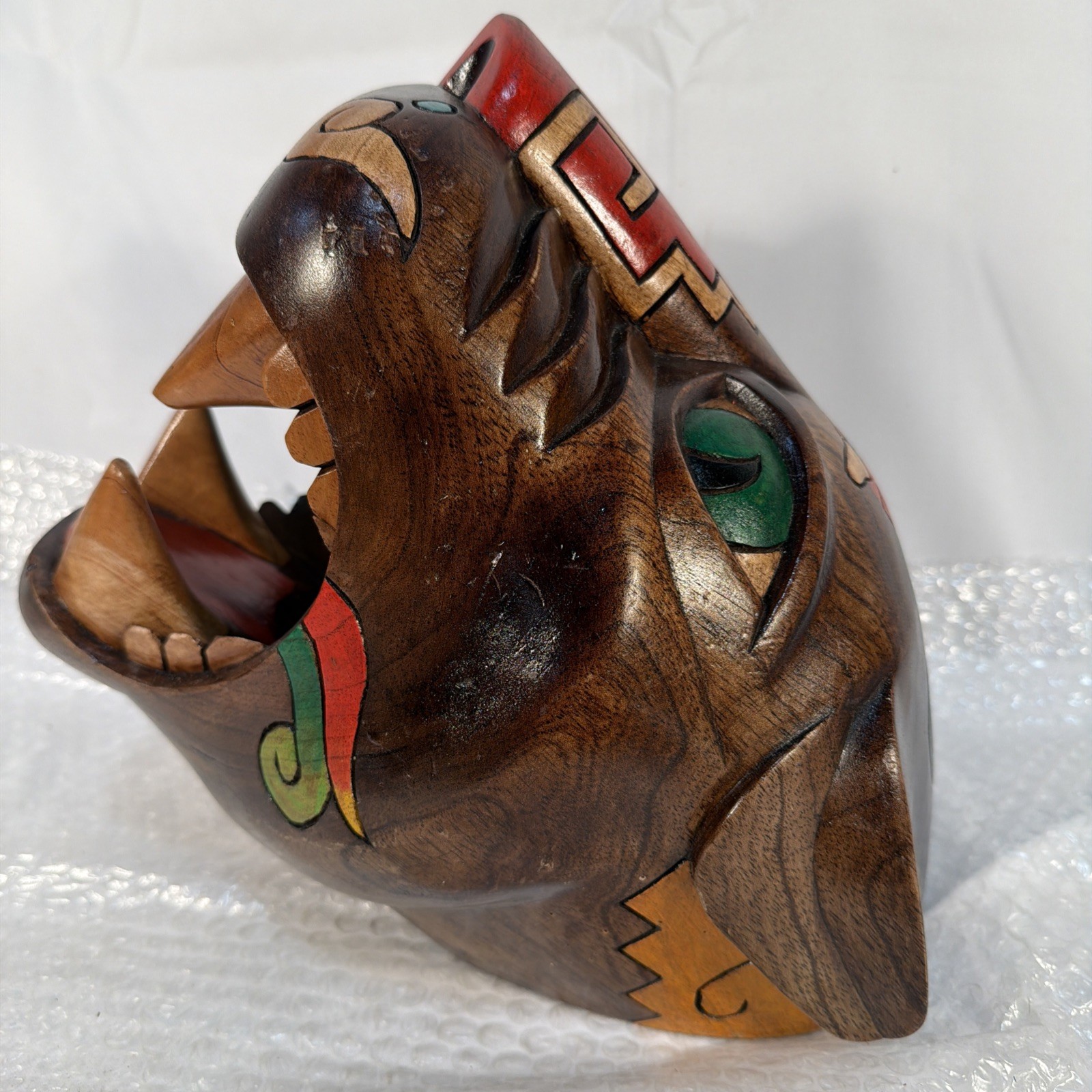 Vintage MCM Mayan Handcarved Wood Jaguar Panther Head Folk Art Rare