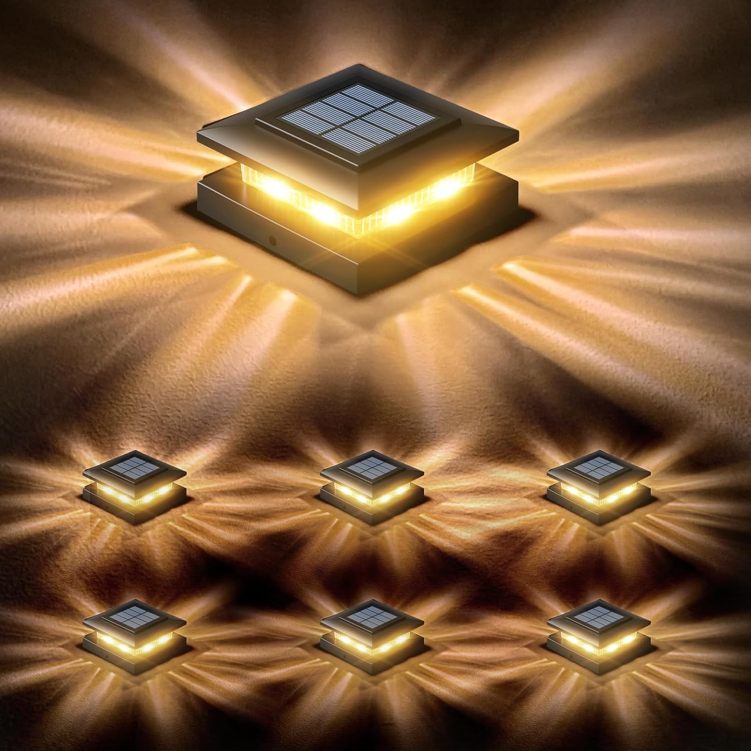 Solar Post Cap Lights: 6 Pack 4x4 Powered Fence Lights 6 Pack, Black