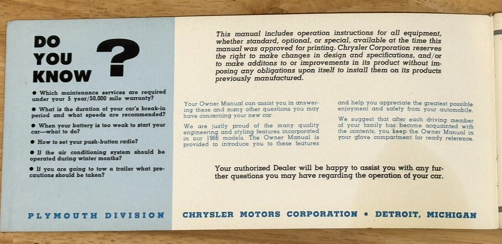 VINTAGE ORIGINAL 1966 PLYMOUTH BELVEDERE OPERATING INSTRUCTIONS OWNER MANUAL