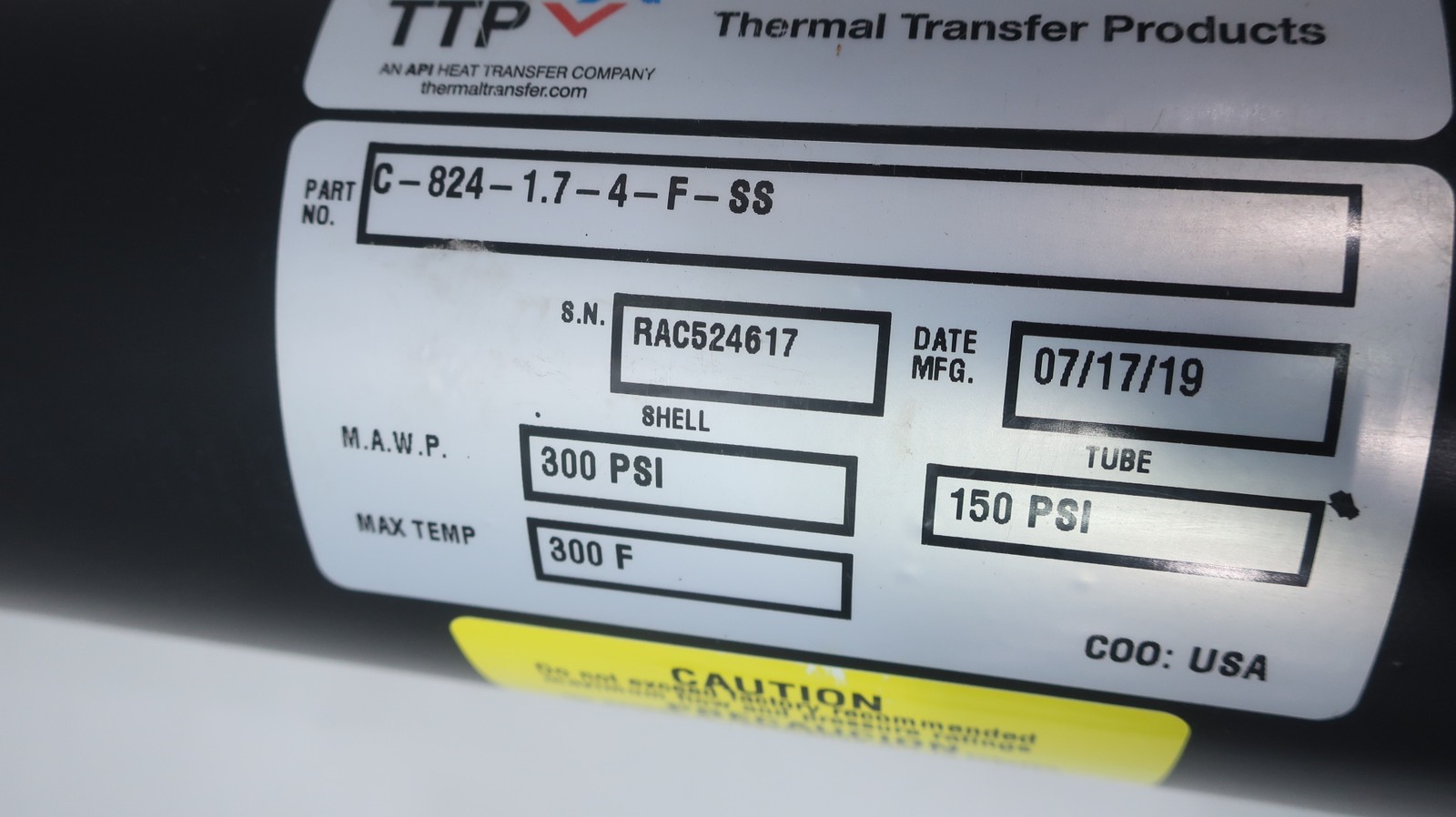 Thermal Transfer C-824-1.7-4-F-SS Shell And Tube Heat Exchanger 1-1/2in X 3/4in