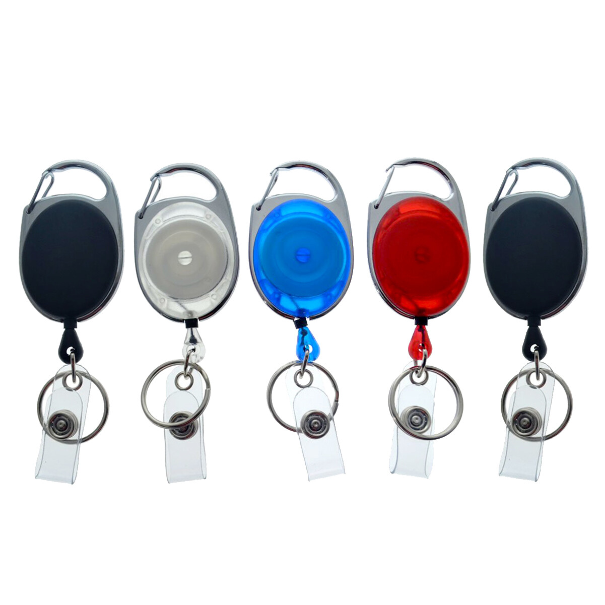 5 Pack- Premium Carabiner Retractable Oval ID Badge Reels with Strap & Key Ring