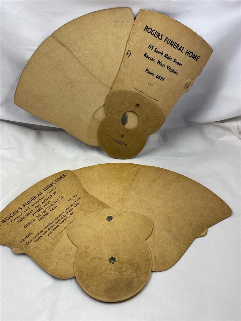 2 Vintage Religious Trifold Handheld Funeral Home Advertising Folding Fans