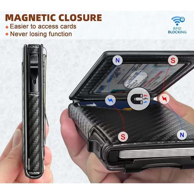 RFID-Blocking Men’s Bifold Pop-Up Wallet Carbon Fiber with Money Clip, Mens Gift