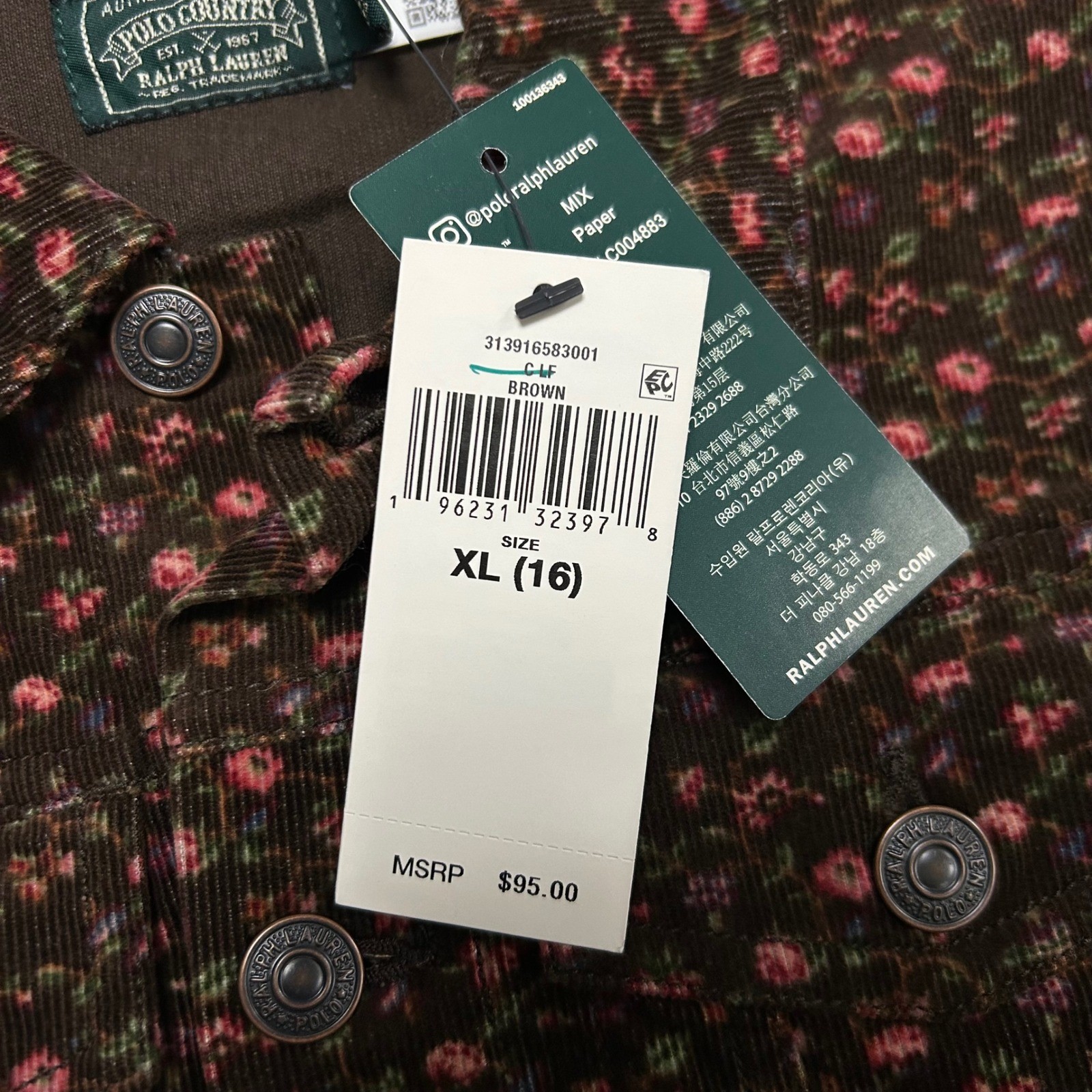 NWT Polo Country Ralph Lauren Floral Corduroy Trucker Jacket Girls Size XL (16)