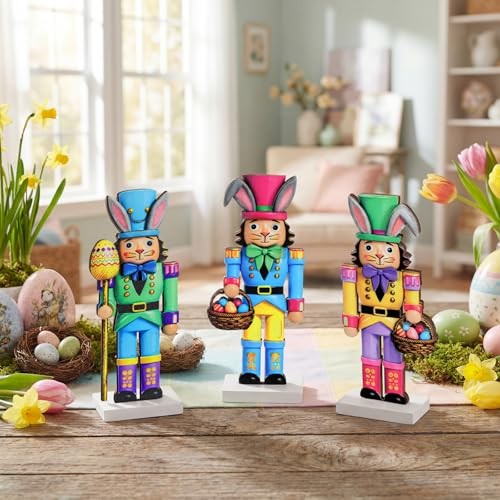 3 Pcs Easter Nutcracker Decorations 7 in Wooden Traditional Multicolor Bunny