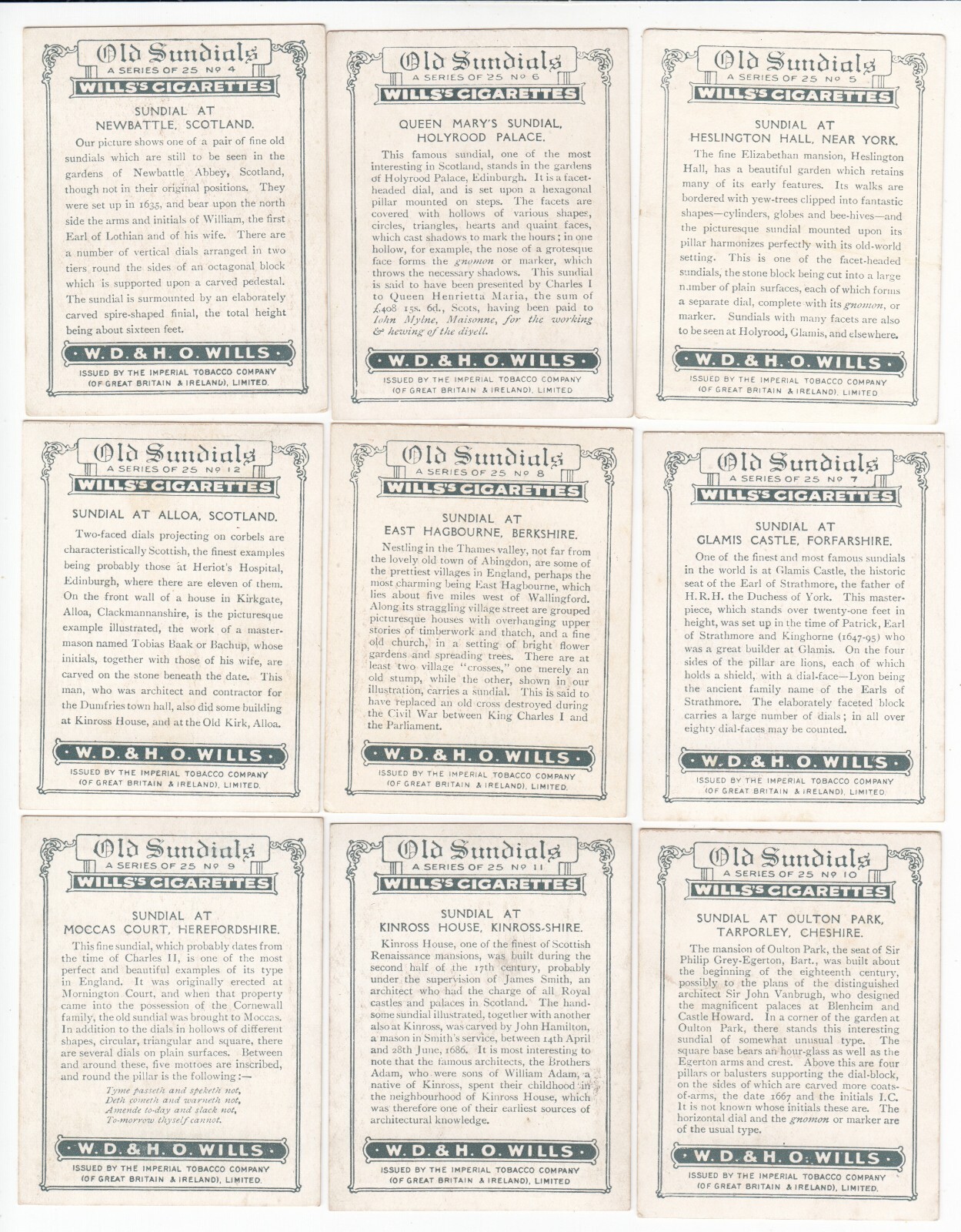 Complete Set of 25 Vintage SUNDIALS Cards from 1928