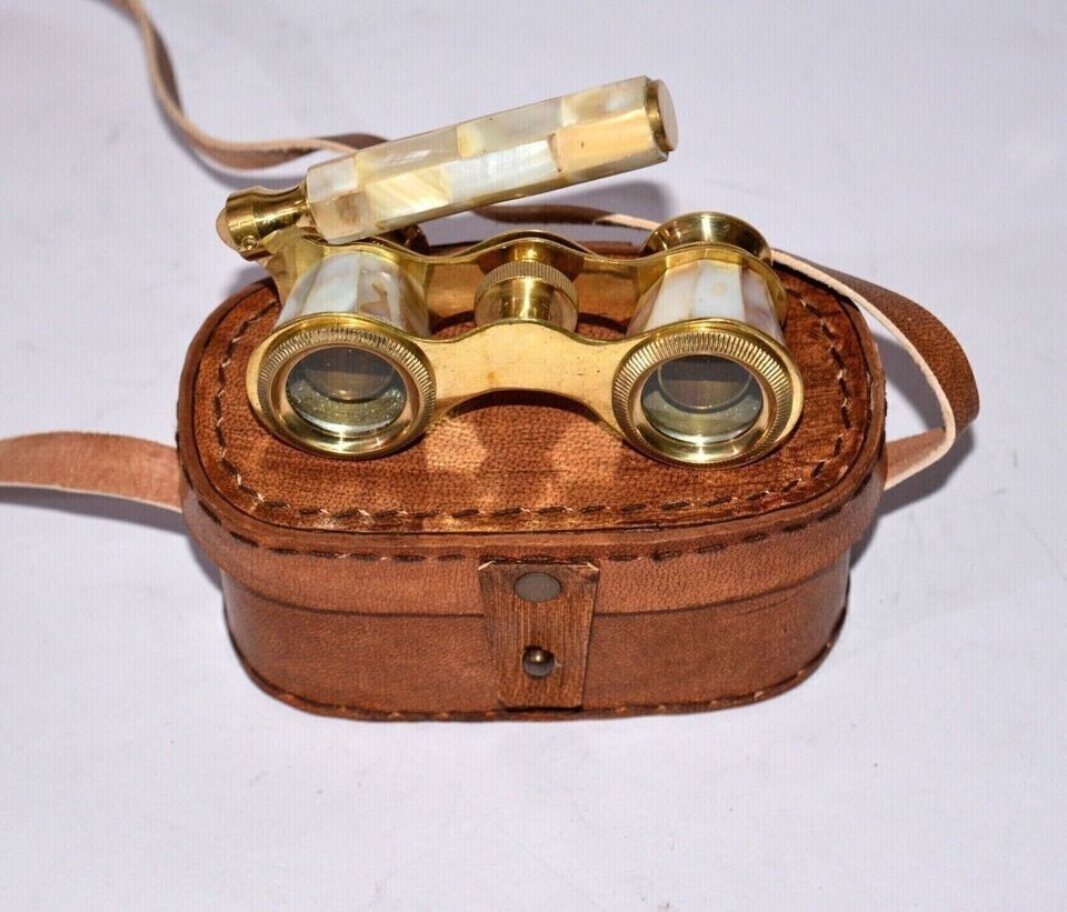 Antique Vintage Opera Glasses Binoculars White Mother of Pearl & Handle Brass