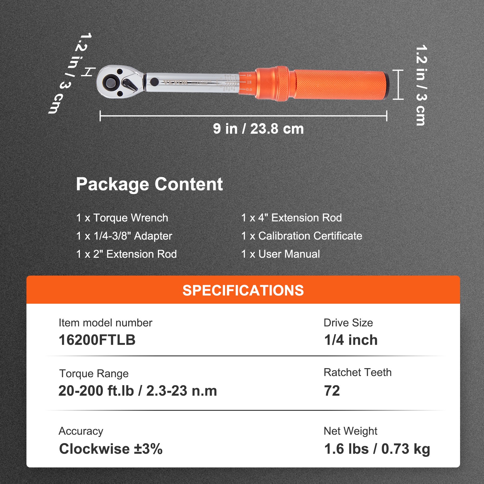 VEVOR Torque Wrench Adjustable Torque Wrench 1/4" Drive 20-200in.lb/2.3-23Nm
