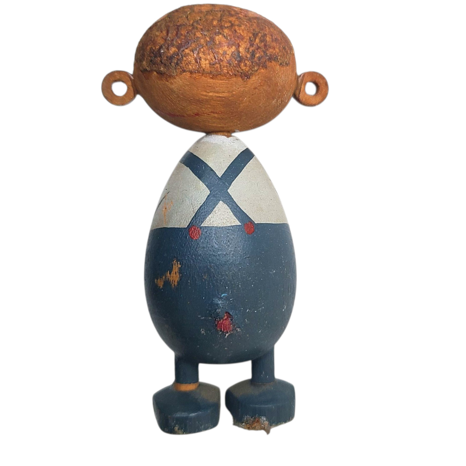 Vintage African American Troll figure Wooden 3" Blue Overalls Folk Art Gnome