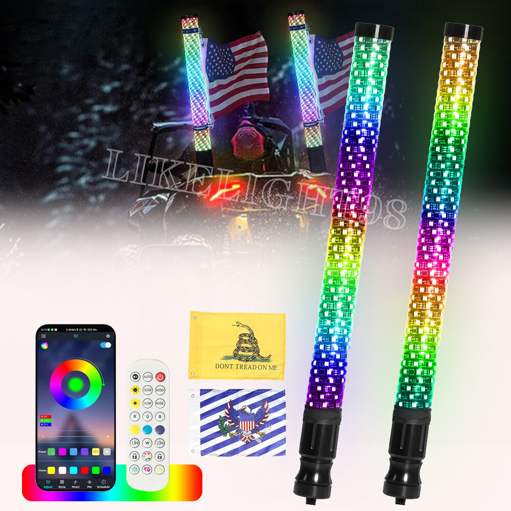 2x 3FT Thick LED Whip Spiral Chasing RGB Fat Whip Lights For Can Am Polaris RZR