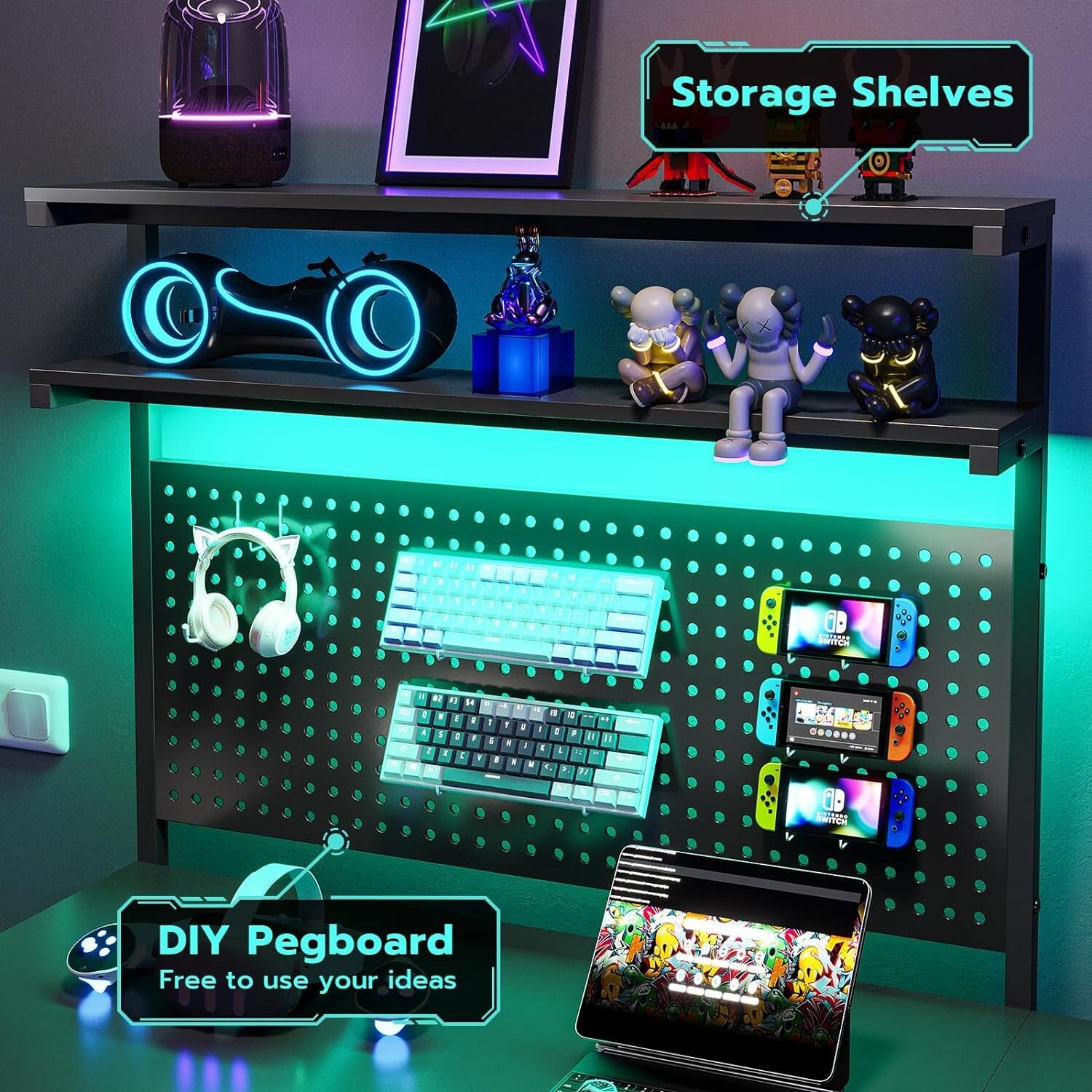 L Shaped Gaming Desk with LED Lights and Hutch, Computer Desk with Monitor Stand