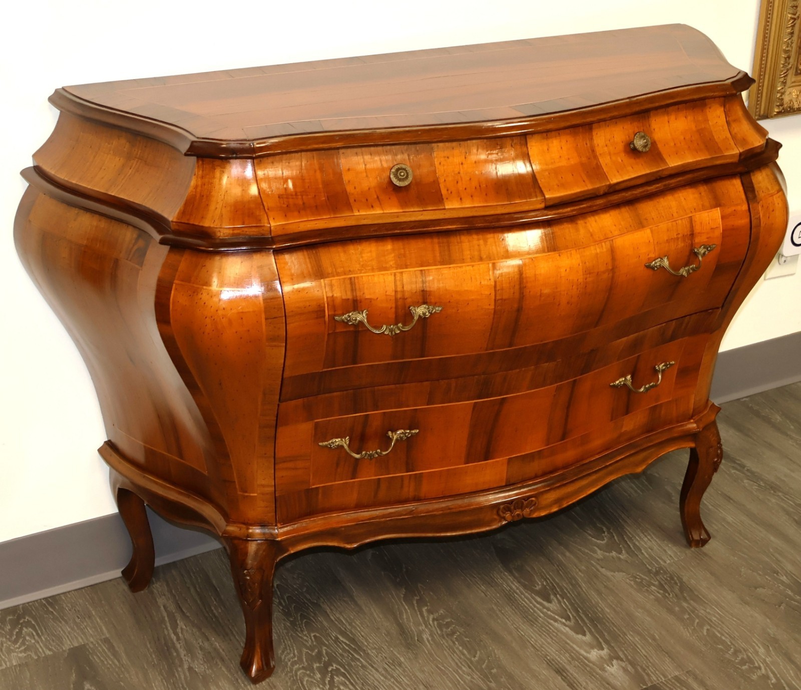Italian Louis XV Bombe Serpentine Commode Chest Walnut Olivewood Veneer, Italy