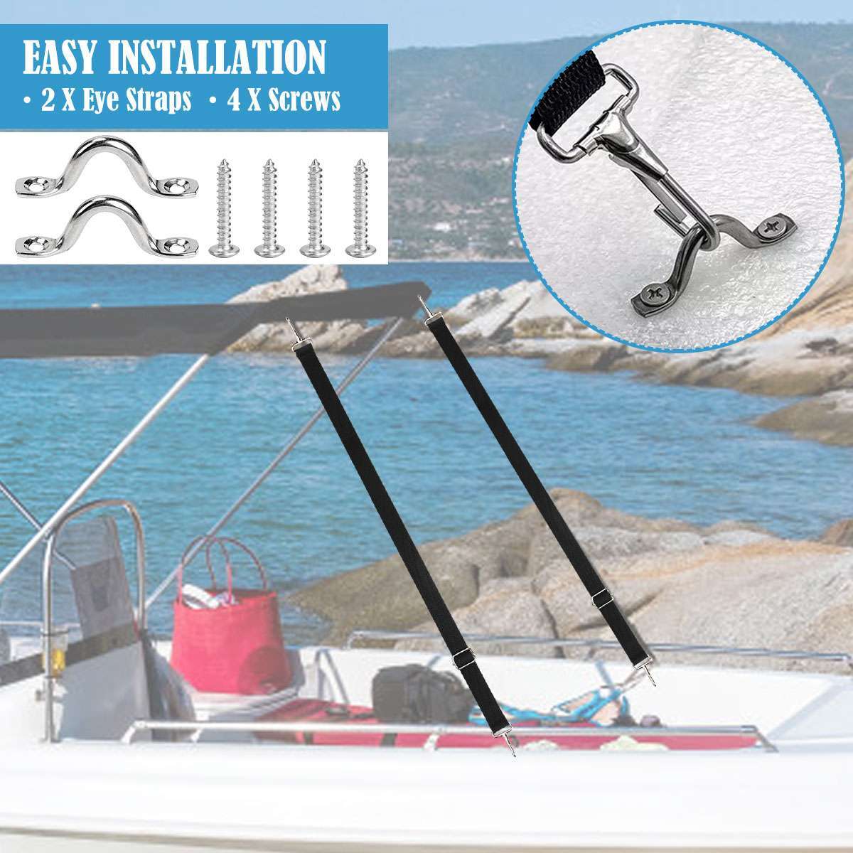 2x Adjustable for Bimini Boat Top Straps Loops & Snap Hook Stainless Steel