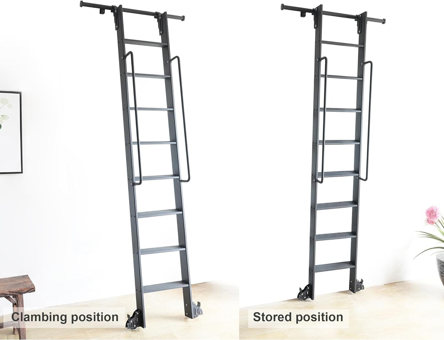 Hook On Rolling Library Ladder Track Kit with Metal Ladder with Grab Handle