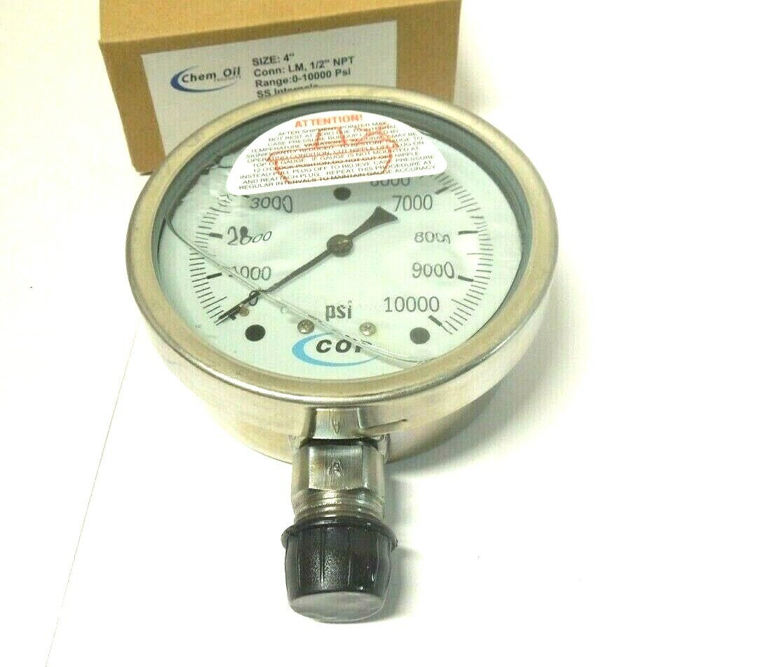 Gauge 4" Face S/S Case 0-10000 PSI 1/2" NPT Stainless Tube & Socket Filled 323FF
