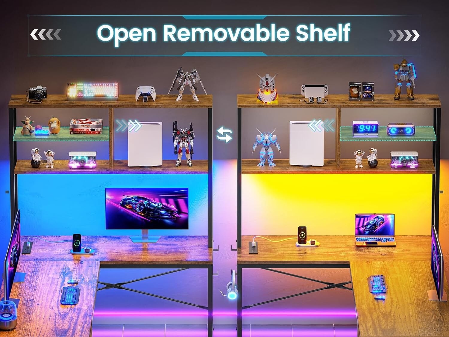 L Shaped Computer Desk with LED Lights and Storage Shelves, Home Office Desk