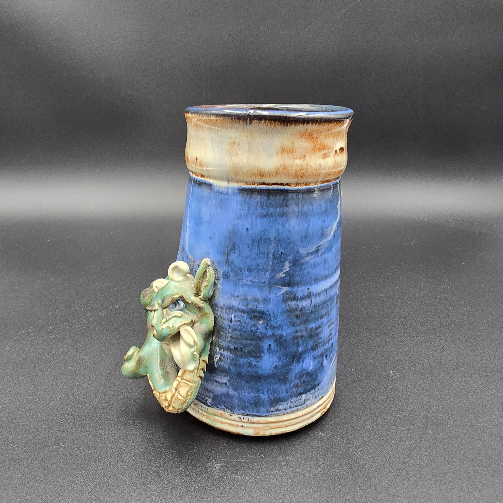 Studio Art Pottery Dragon Mug Stein Cup Large Artist Signed CM HR 7" tall