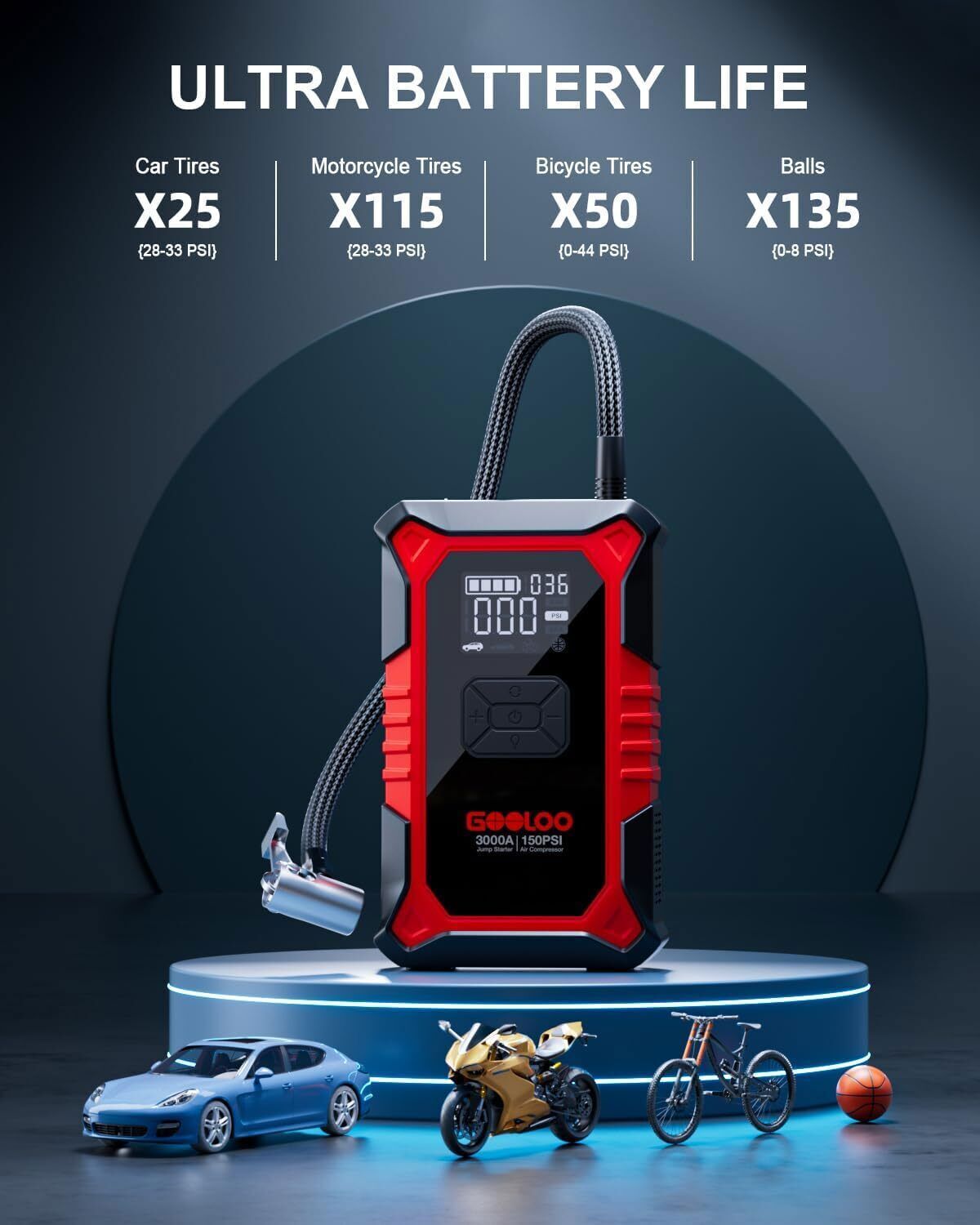 GOOLOO A3 Jump Starter with Air Compressor 3000A Portable Car Battery Charger