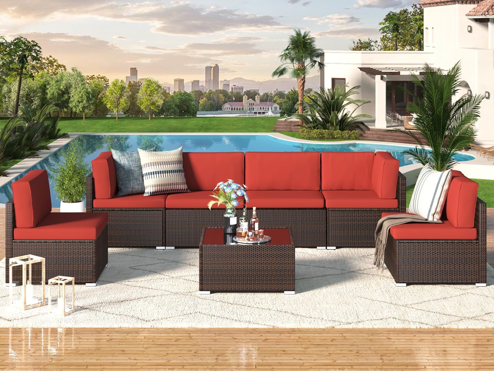 7-Pieces Patio Furniture Set Outdoor Sectional Sofa Rattan Wicker Sofa W/ Table