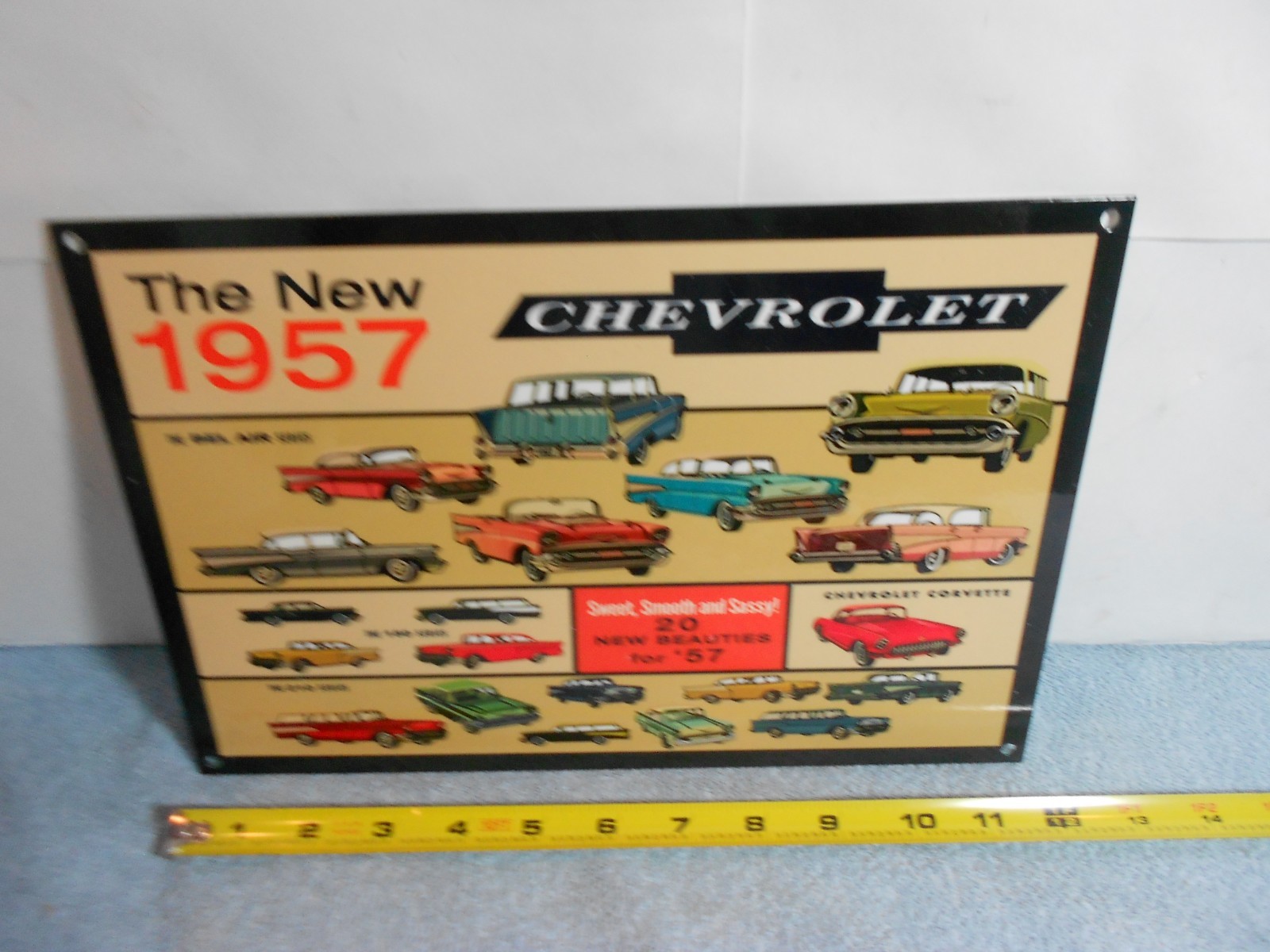 VINTAGE 12x8 in CHEVROLET NEW BEAUTIFUL 1957 CHEVY`S ADV SIGN HEAVY METAL -825 A
