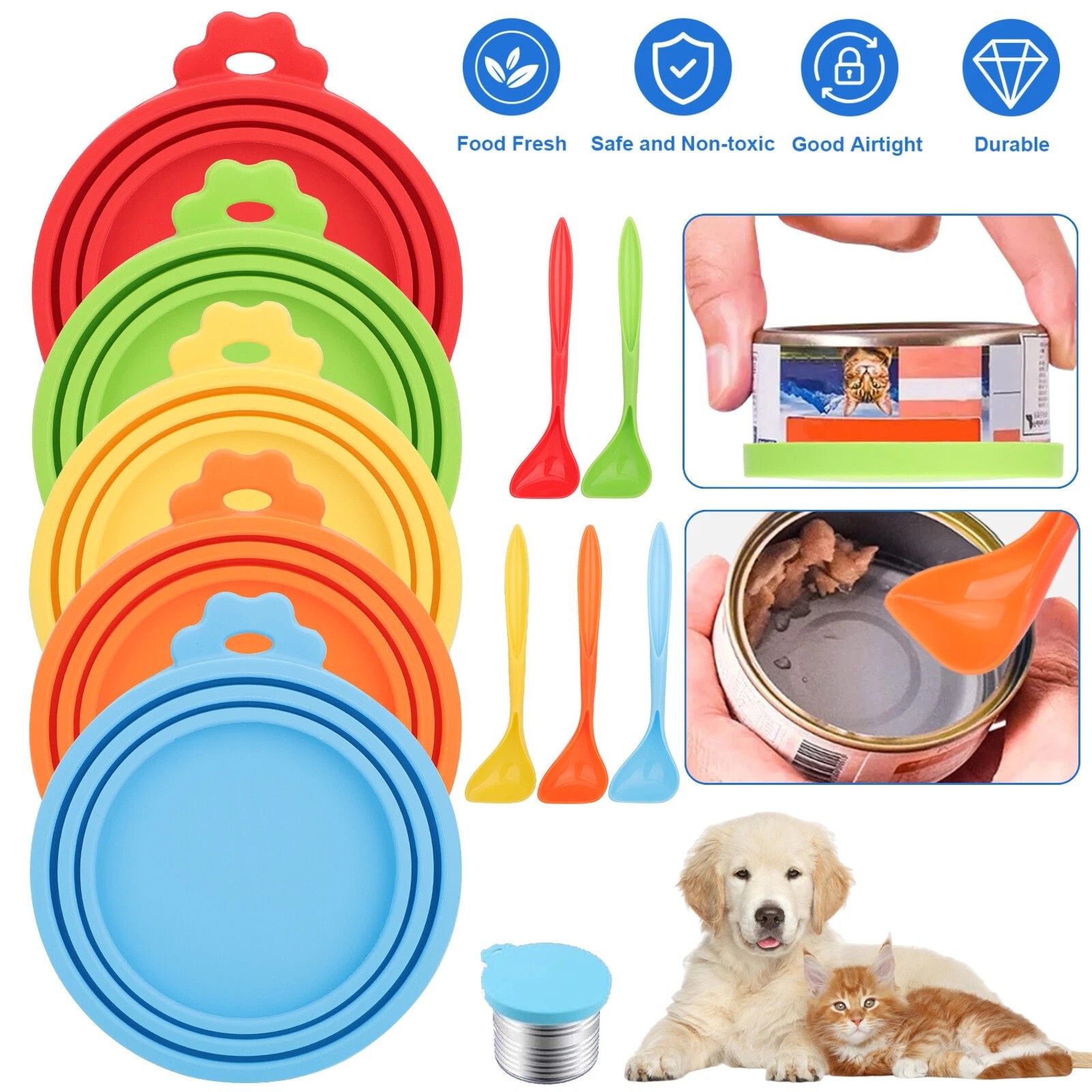 5x Safe Silicone Pet Food Can Cover Universal Reusable Can Lids 5 Spoon BPA Free
