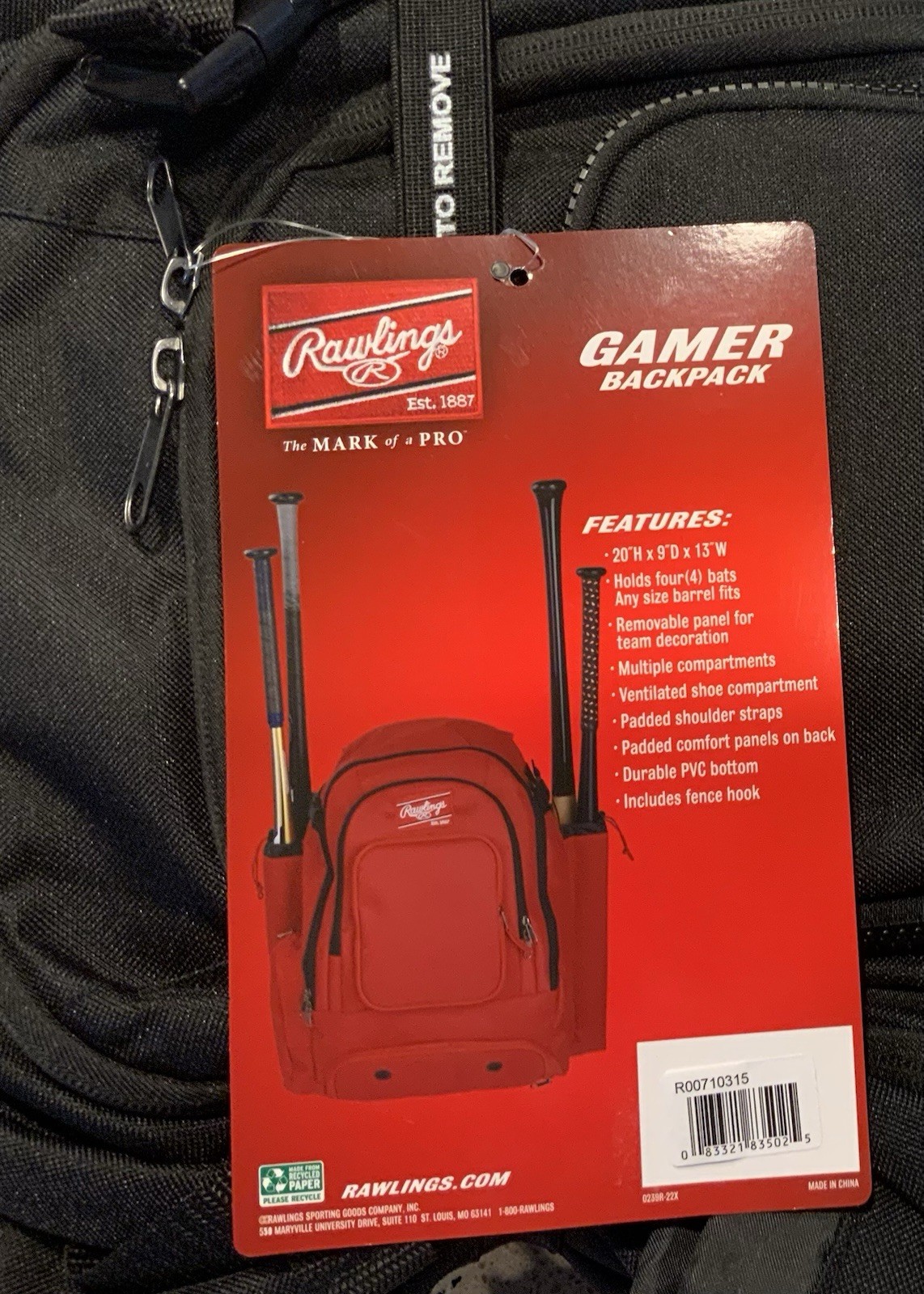 New Rawlings Baseball GAMER BACKPACK - Holds 4 bats, Shoe Compartment + others