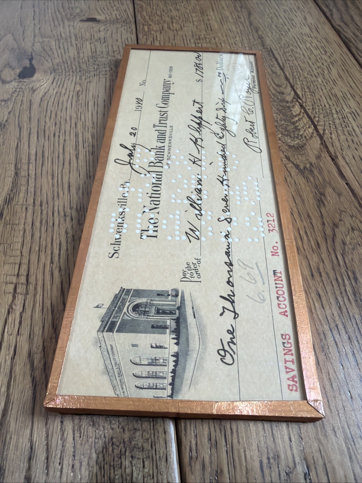 Vintage Framed 1940 National Bank & Trust Schwenksville Personal Check