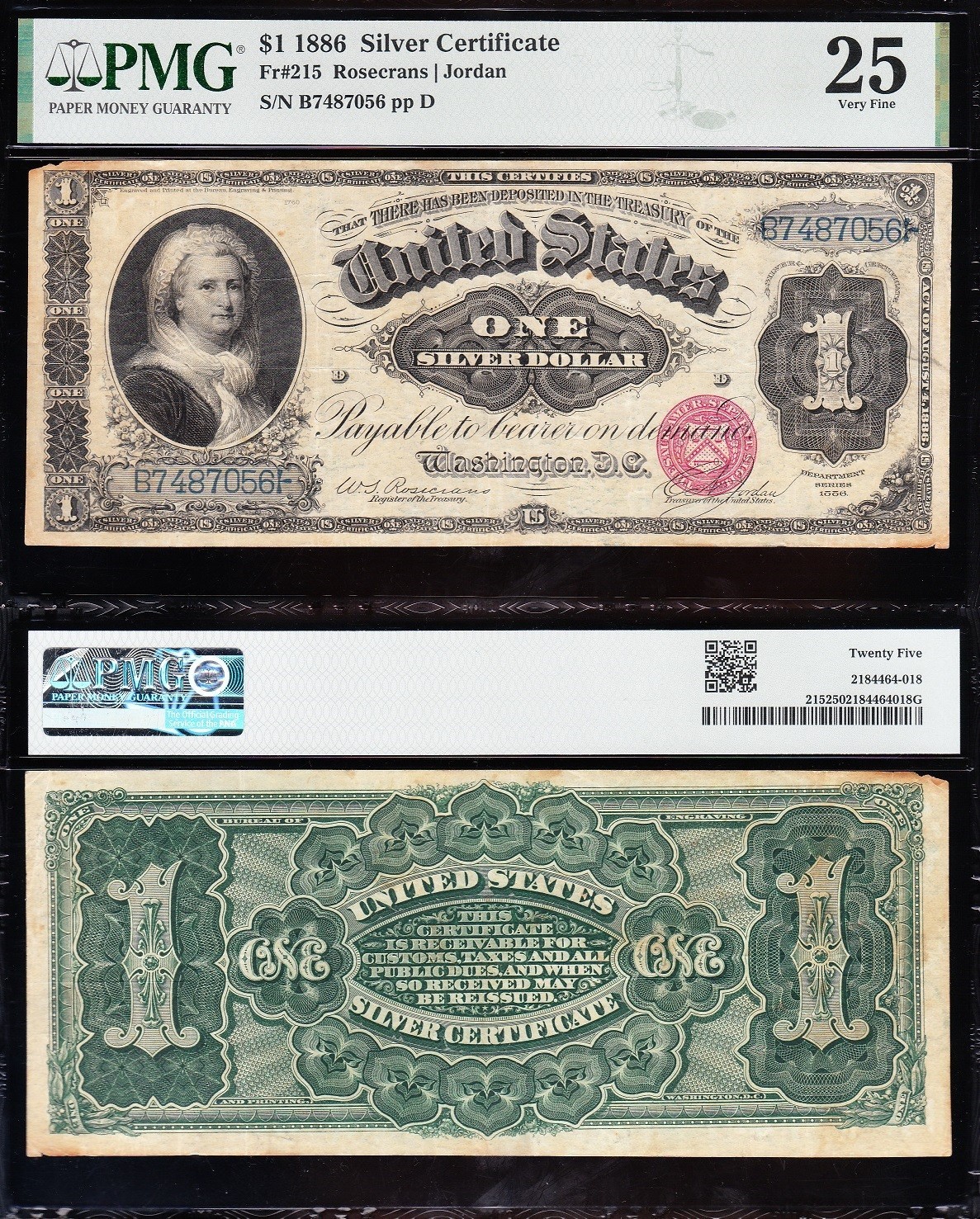 VERY NICE Bold & Crisp VF+ 1886 $1 Ornate "MARTHA" Silver Cert.! PMG 25! 87056