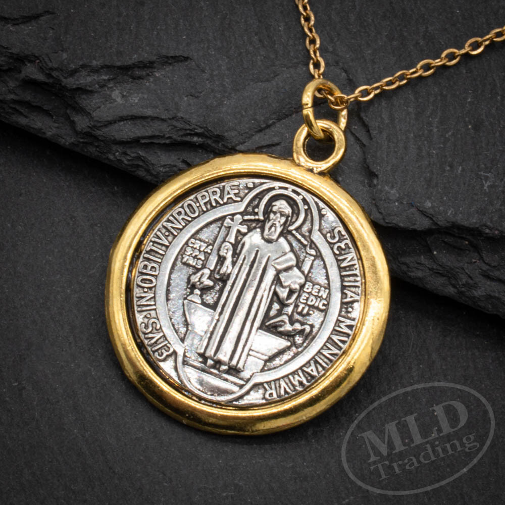 Saint St Benedict Medal Pendant Necklace: Silver w/ Gold Border, 1", 18" Chain