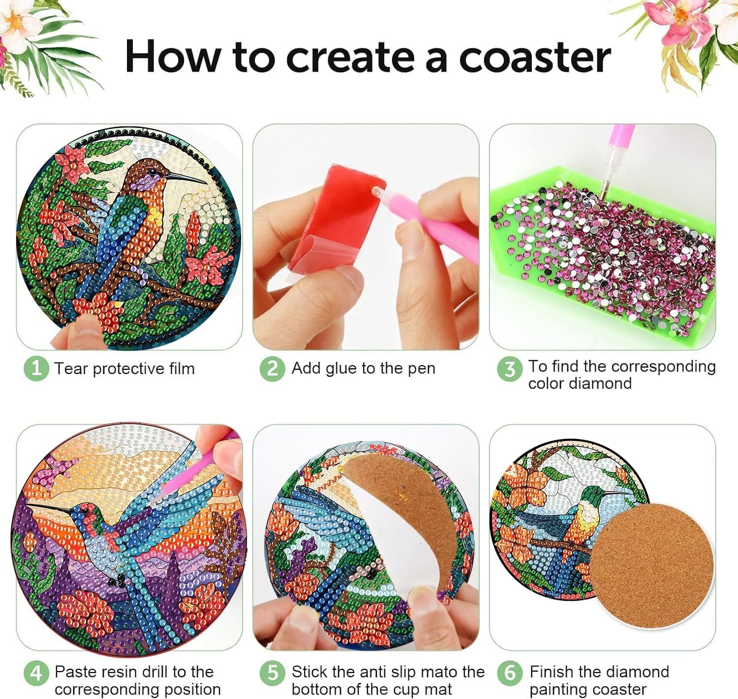 mrpwnle 8 PCS Diamond Painting Art Coaster Set with Hummingbird Coasters