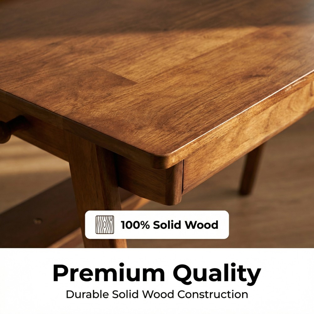 Solid Wood Writing Desk, Mid-Century Modern with 2 Drawers & Shelf