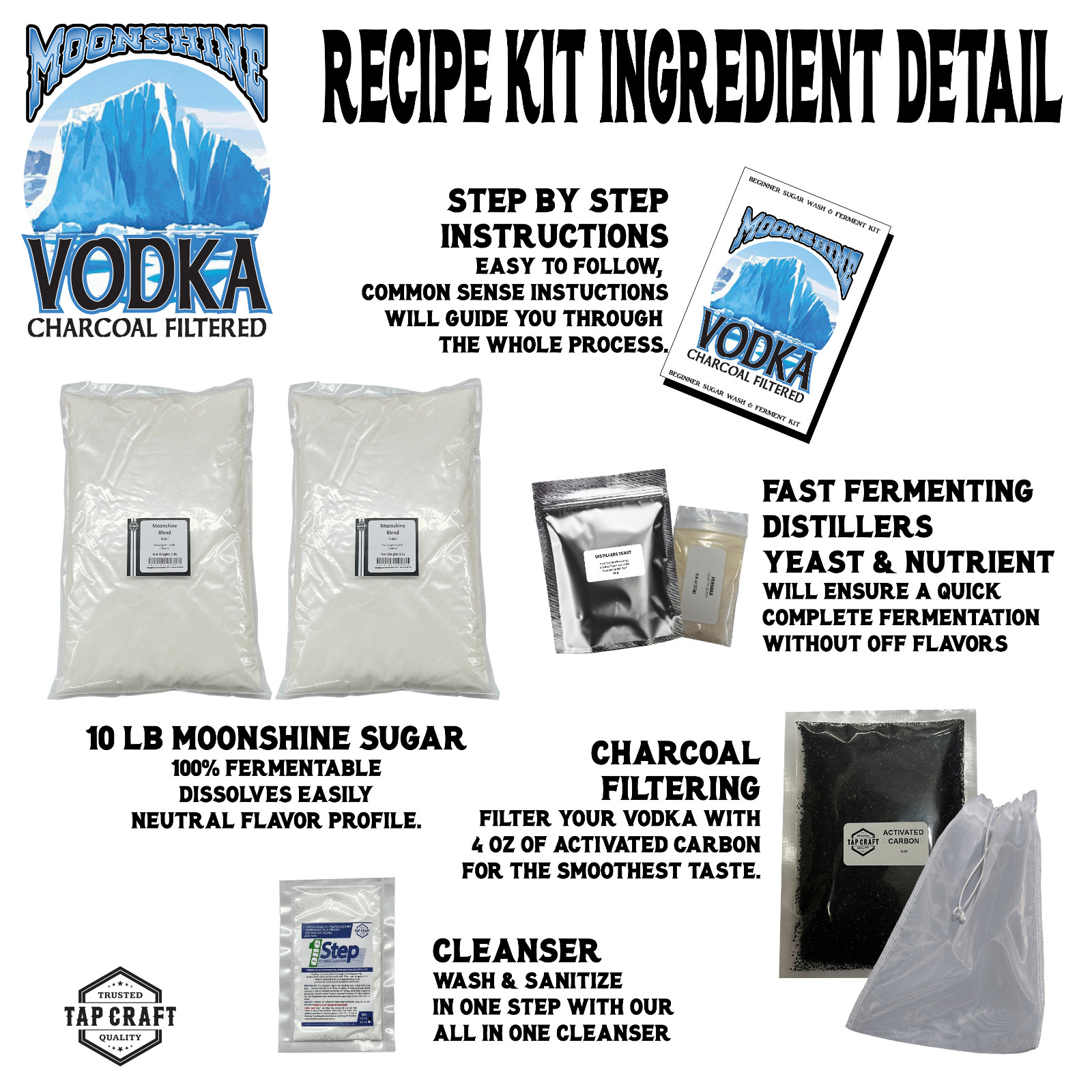 TAPCRAFT Moonshine Vodka Recipe ingredient Kit Home Distilling 5 gal Sugar Wash
