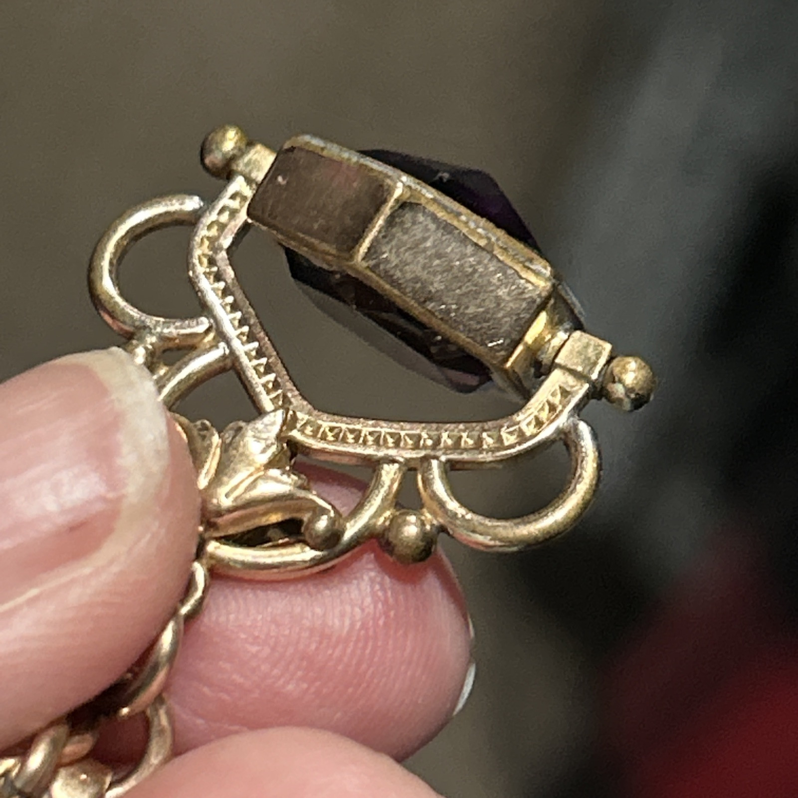 Victorian Rose Gold Fill Purple Watch Fob Spinner Book Link Chain Large Ring