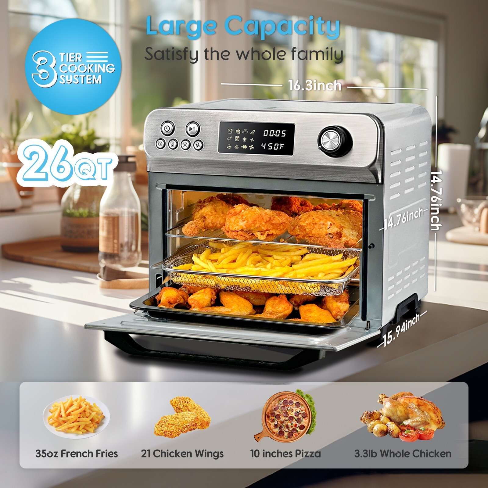 HYSapientia 26QT Stainless Steel Air Fryer Oven With Rotisserie 1800W Mini Oven