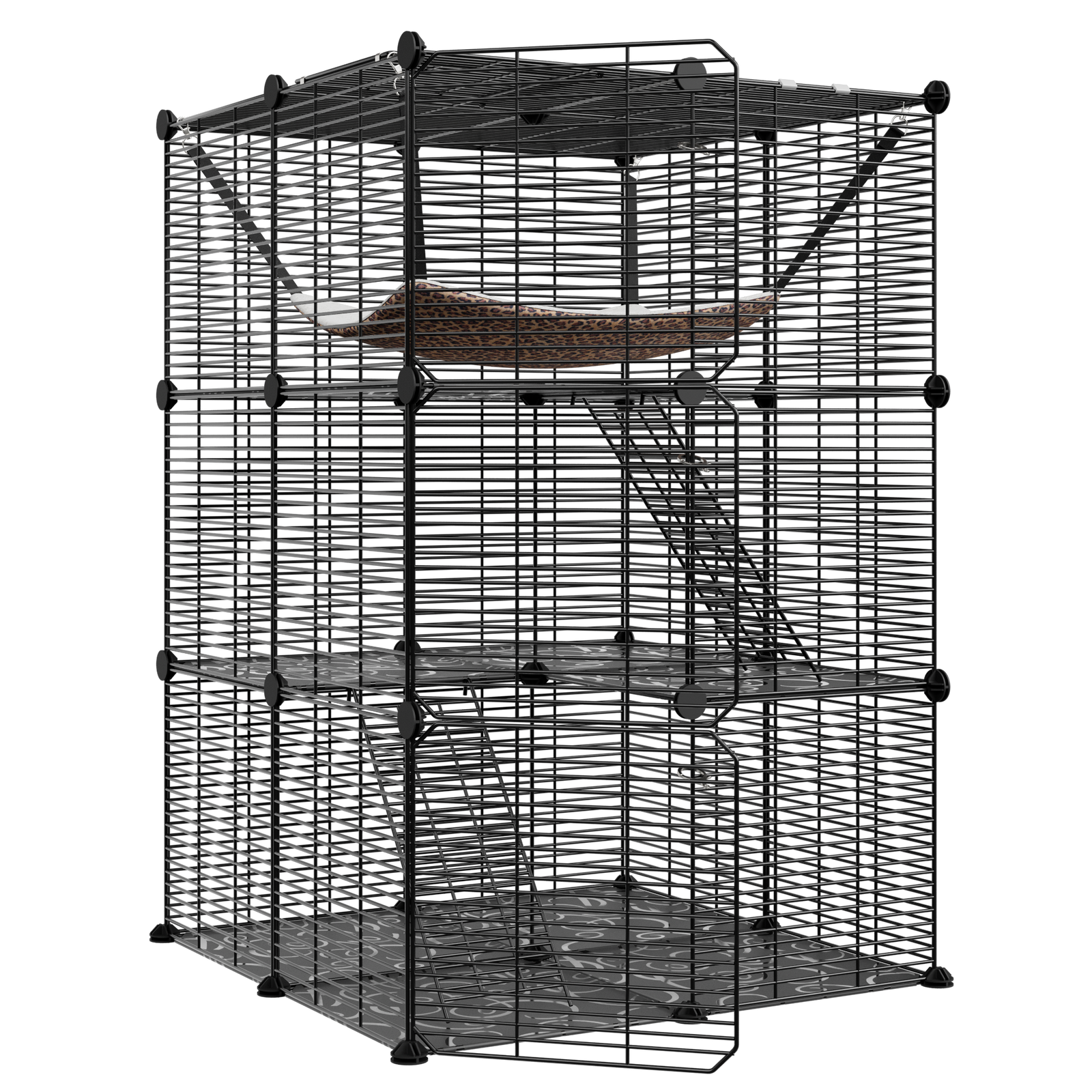 3-Tiers Cat Cage Enclosure Metal Wire Cat Kennel Playpen w/ Hammock for 1-2 Cats