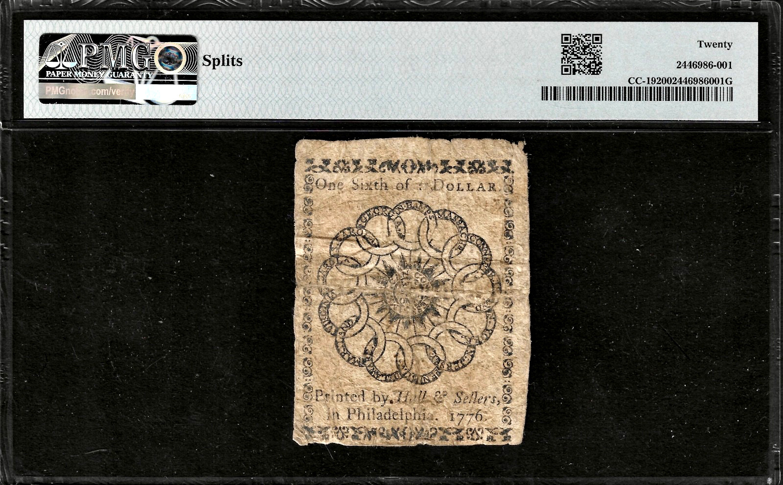 Colonial Currency Feb 17, 1776 $1/6 Continental Sundial Note CC-19 PMG VF20