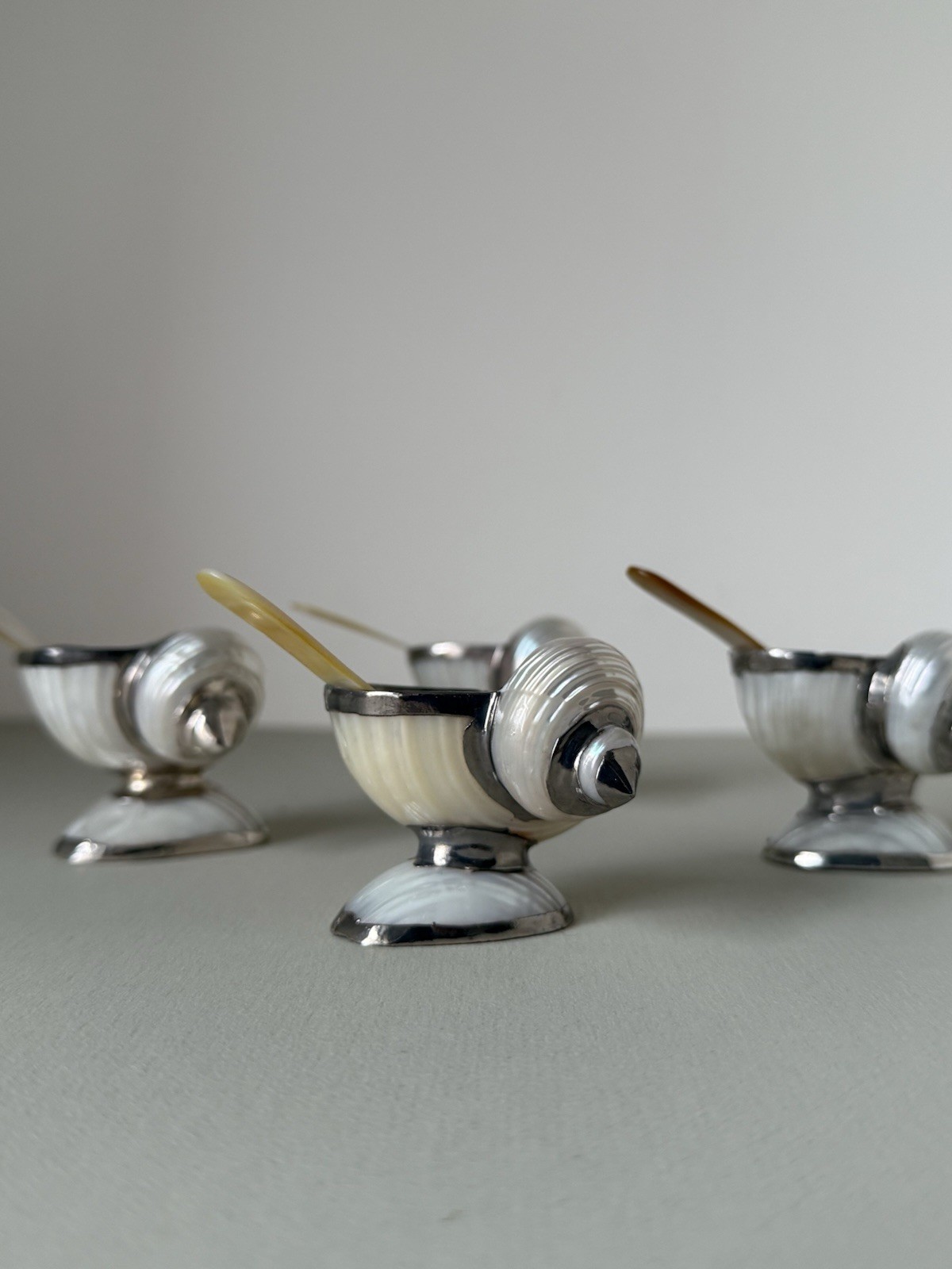 Set of 4 Antique Shell Open Salts with Mother of Pearl Spoons, Sterling Silver