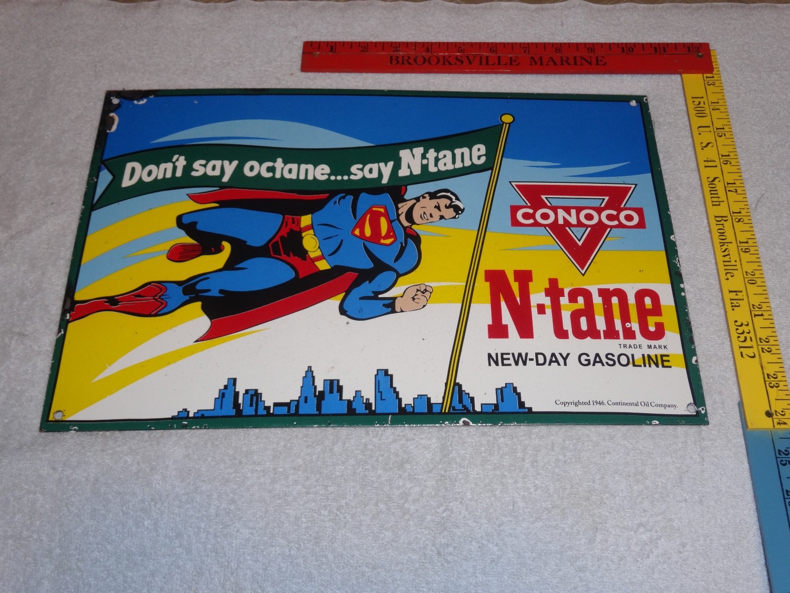 VINTAGE 1946 CONOCO N-TANE SUPERMAN GASOLINE 16" PORCELAIN METAL COMIC BOOK SIGN