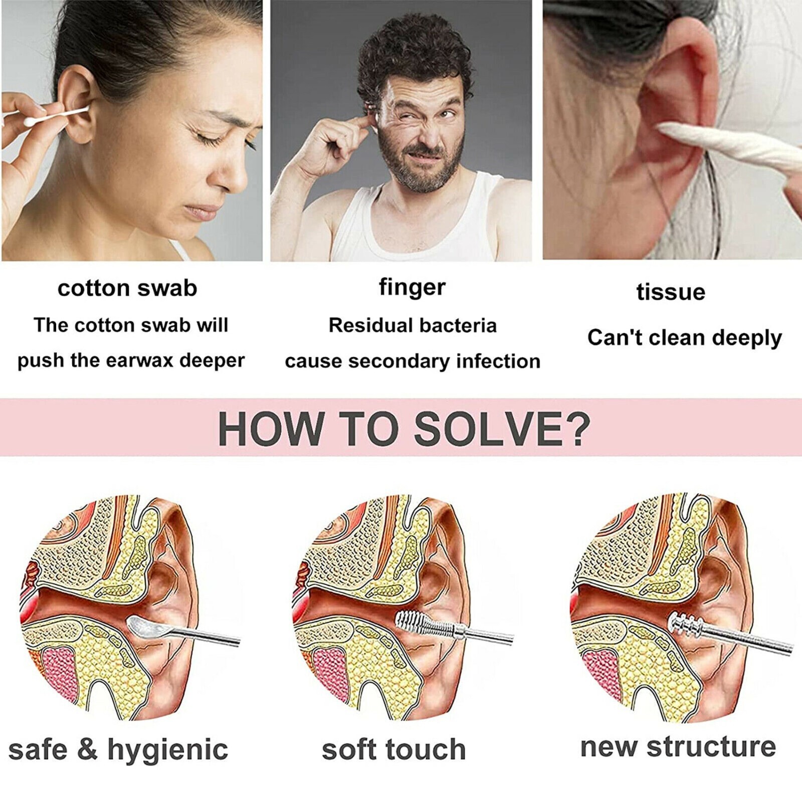 6PCS Ear Pick Cleaning Set Spiral Tool Spoon Ear Wax Remover Cleaner Curette Kit