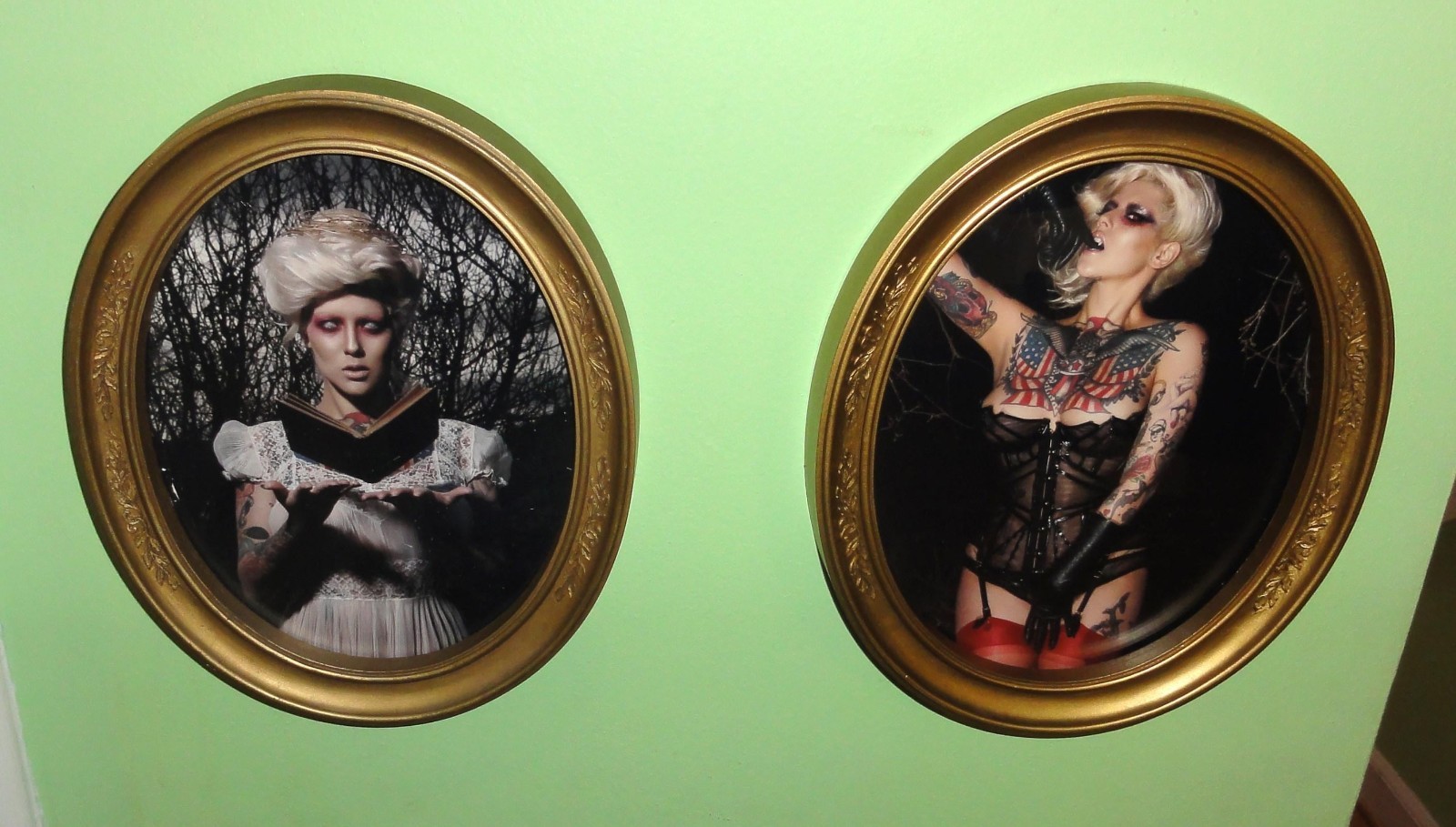 Vintage Two Gold Oval Frames with Gothic Pinup Girl Photos Vampire Look tattooed