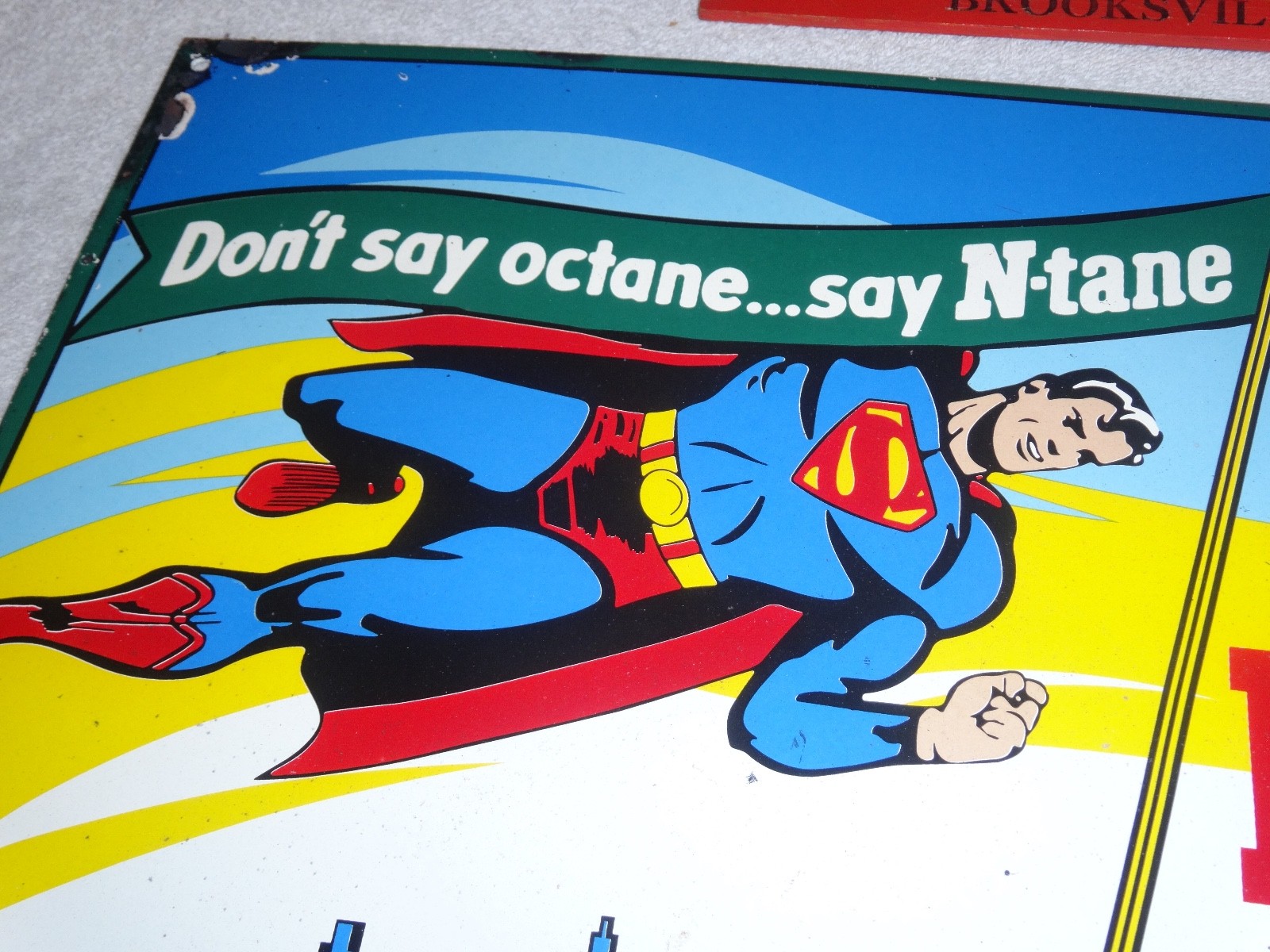 VINTAGE 1946 CONOCO N-TANE SUPERMAN GASOLINE 16" PORCELAIN METAL COMIC BOOK SIGN
