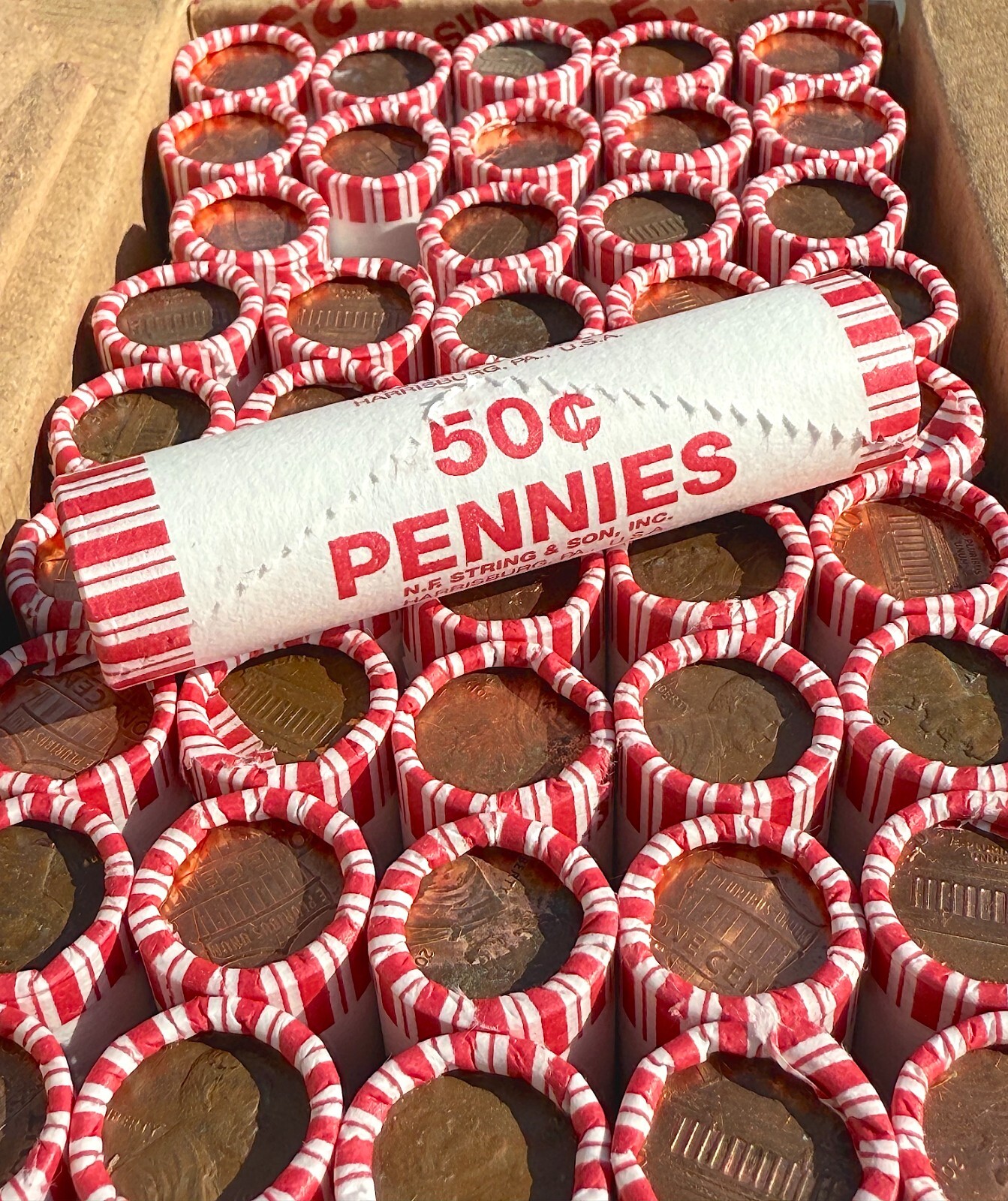 Unsearched Bank Wrapped Roll of 50 Pennies from New Sealed Box Coin Roll Hunting