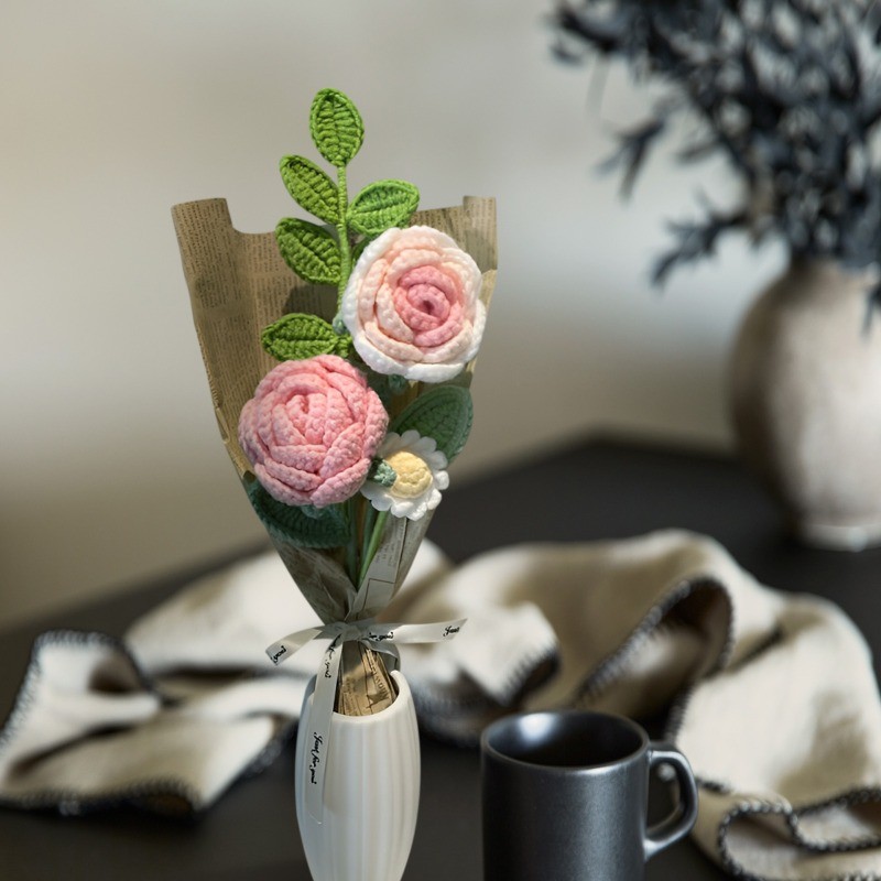 Knitting Crochet Artificial Flower Bouquet for Anniversary Housewarming Mom Gift