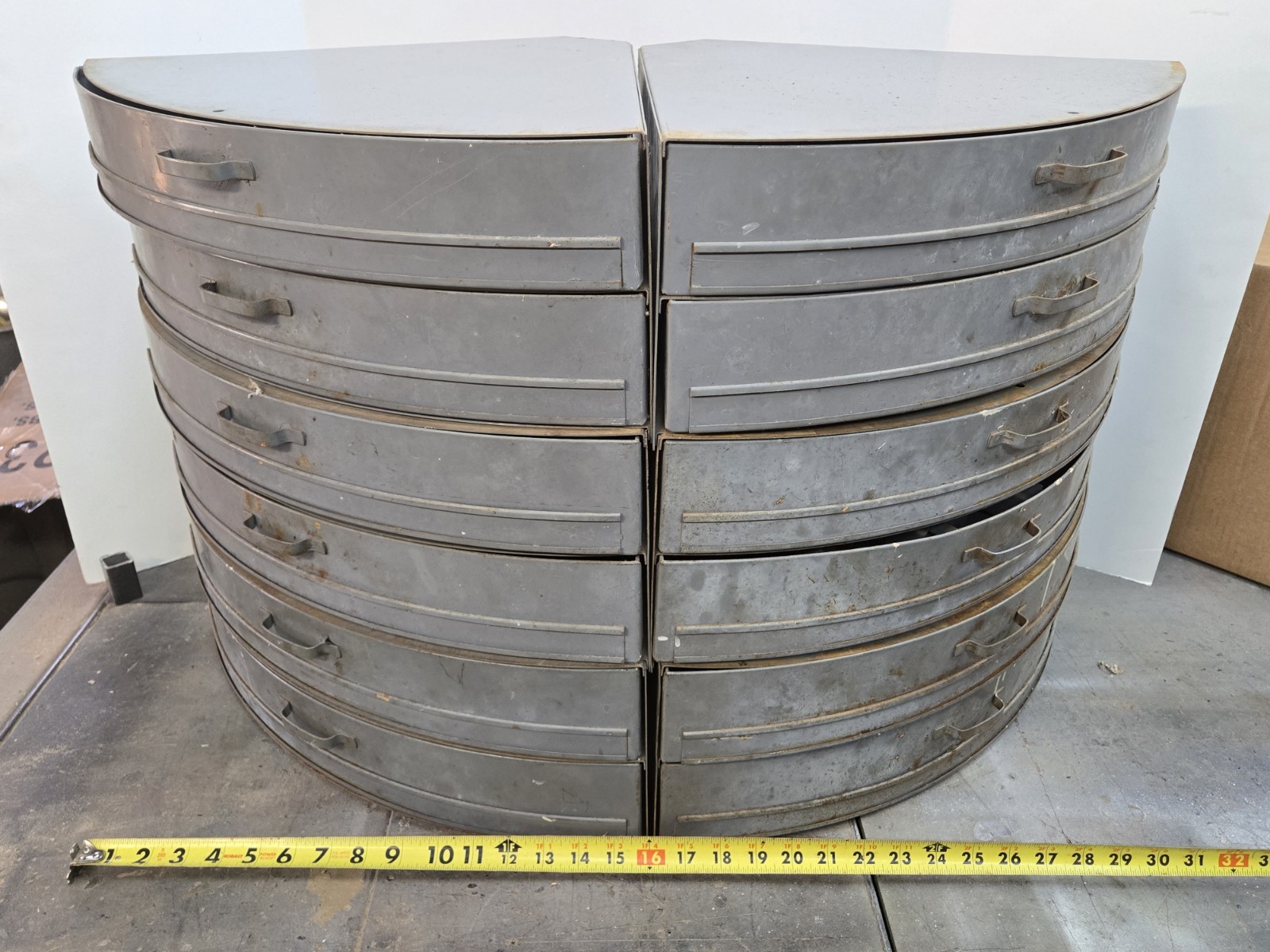 Vintage Industrial Metal Pie Shaped Corner Hardware Parts Bin 3 Drawer Cabinet